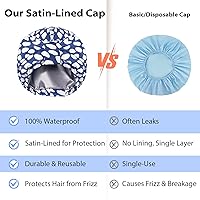 Vista 6 de INNELO Gorro de ducha de lujo para mujer, reutilizable, impermeable, doble capa con correa elástica ajustable, gorro de baño grande con forro de Azul