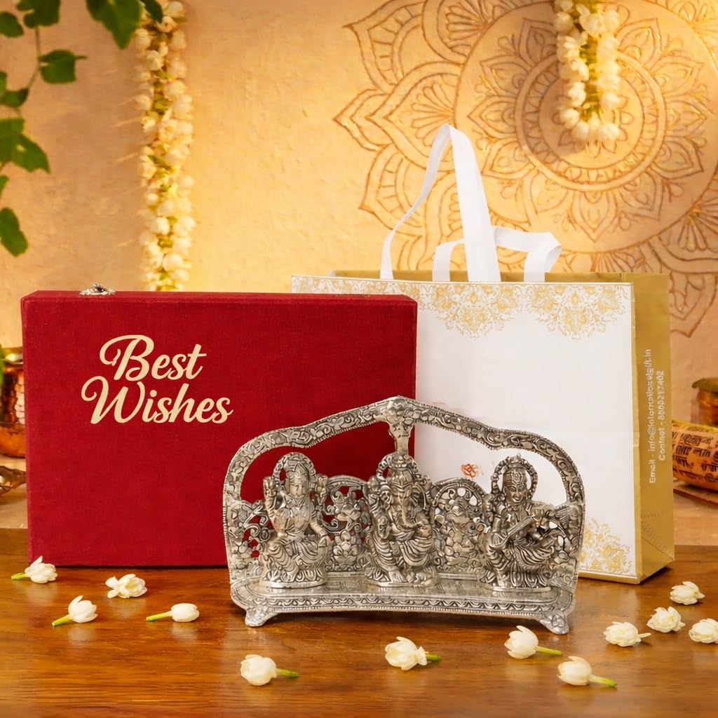 Best Wishes Metal decorative keepsake: INTERNATIONAL GIFT Silver Laxmi Ganesh Saraswati God Idol