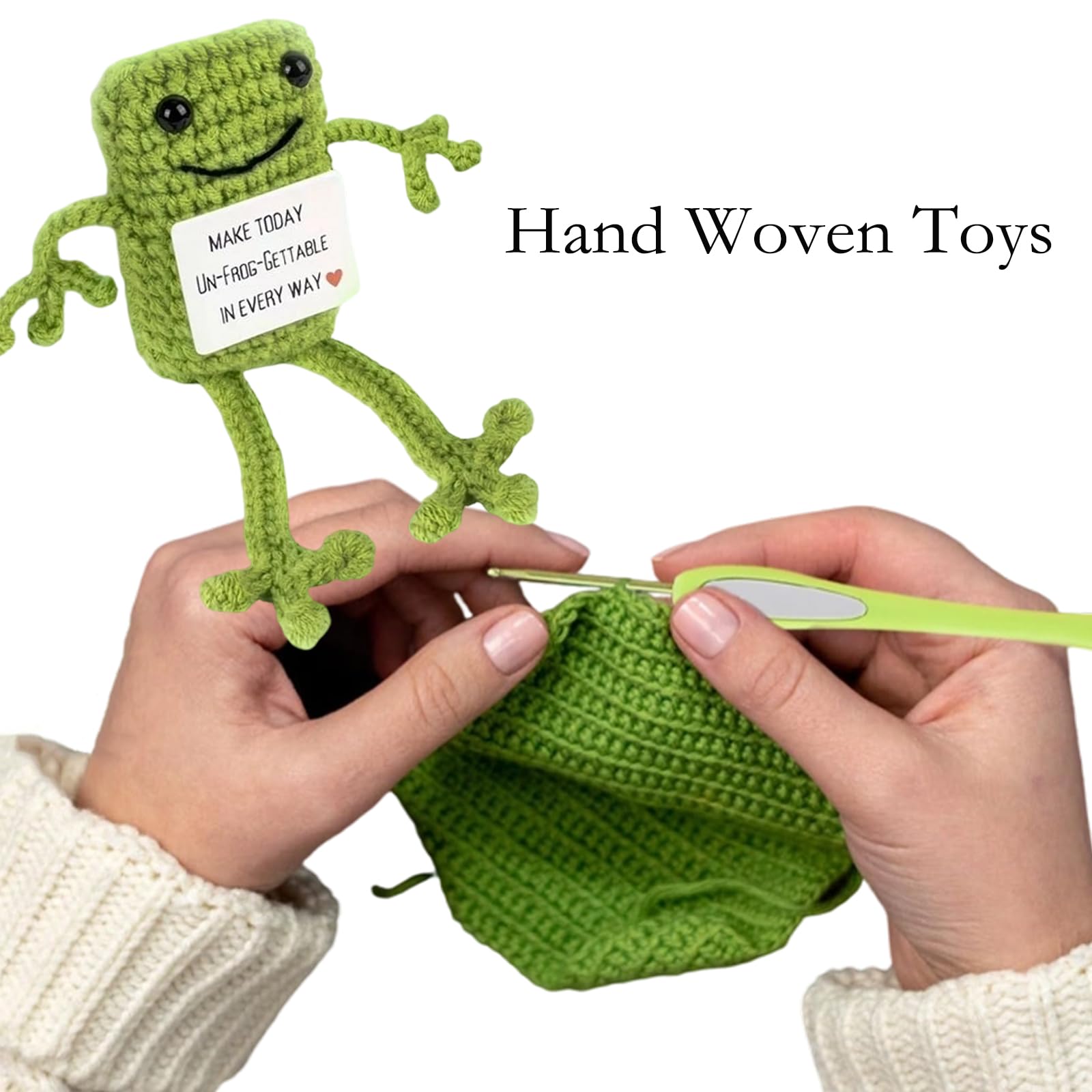 1 Pcs Crochet Toys, Crochet Gifts for Women, Green Frog Gifts with Encouragement Card, Funny Positive Animal Frog Crochet, Handmade Emotional Support Gift, Desk Decor for Office Workers 3