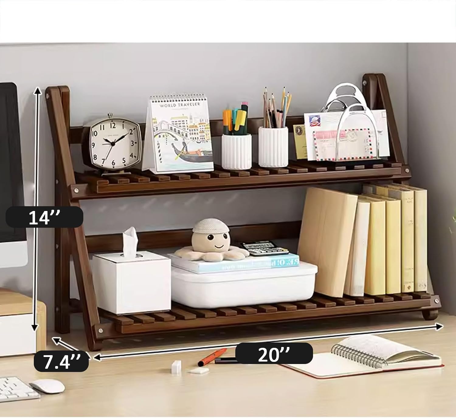 デスクトップオーガナイザーシェルフ、5段デスク竹製本棚、カウンター