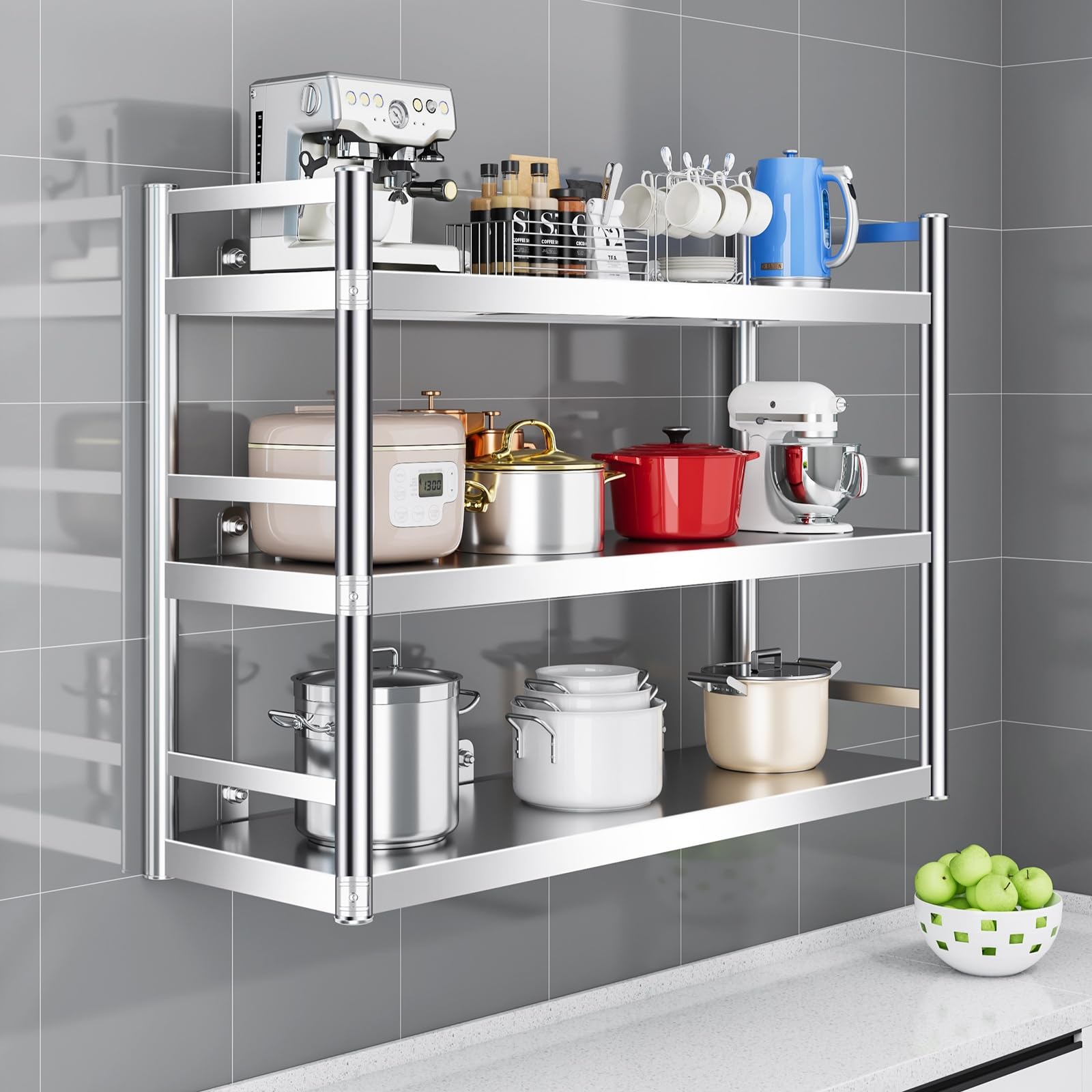 Küchenregal aus Stahl zur Wandmontage, für Töpfe, Teller, Tassen, Geschirr, Lebensmittel und Flaschen, platzsparende Lösung für moderne Küchen und minimalistisches Design