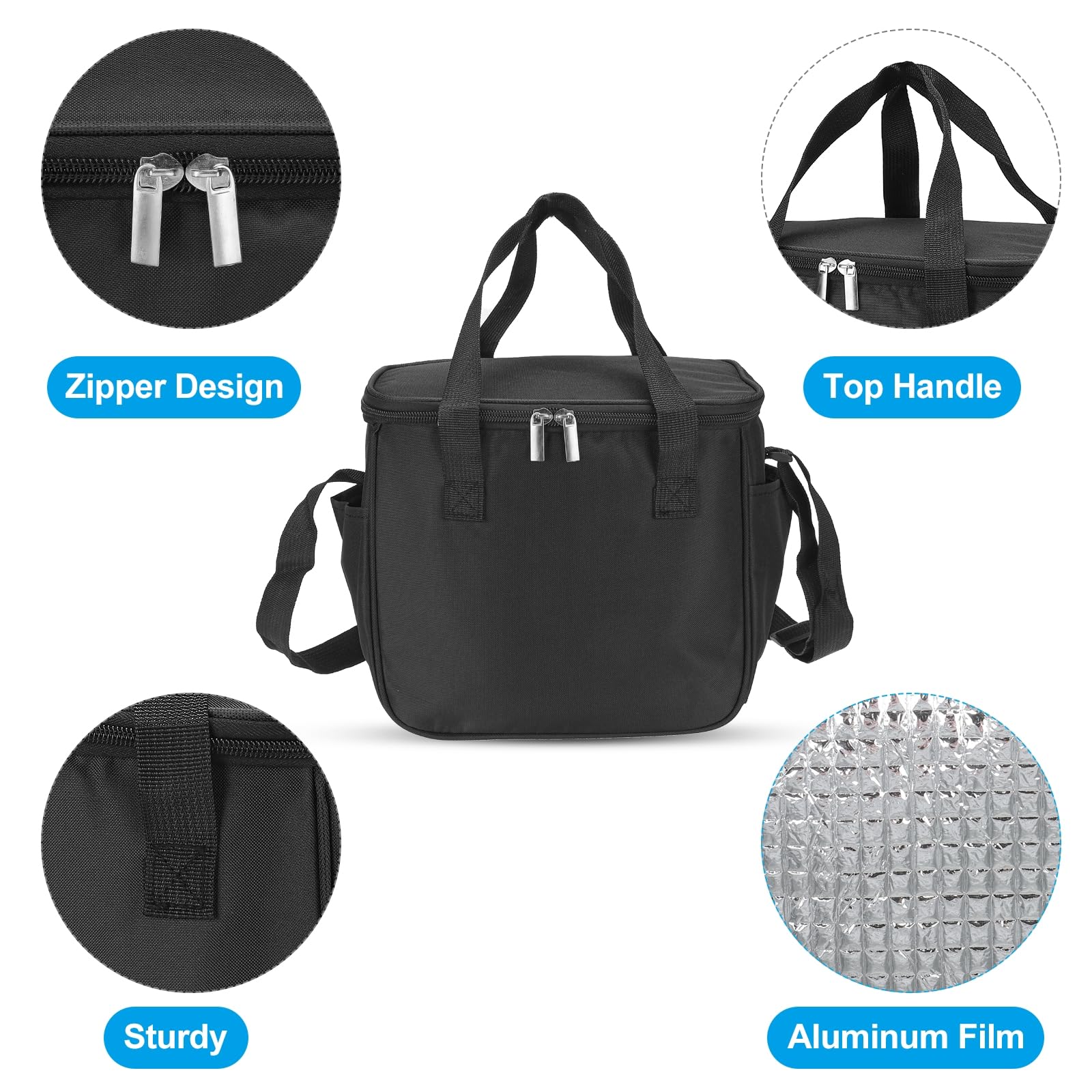 Boîte à déjeuner pour femmes/hommes, sac à déjeuner isotherme, sac fourre-tout thermique, récipient à déjeuner réutilisable 8,7 x 6,7 x 9,4 pouces pour le travail, pique-nique en plein air, noir