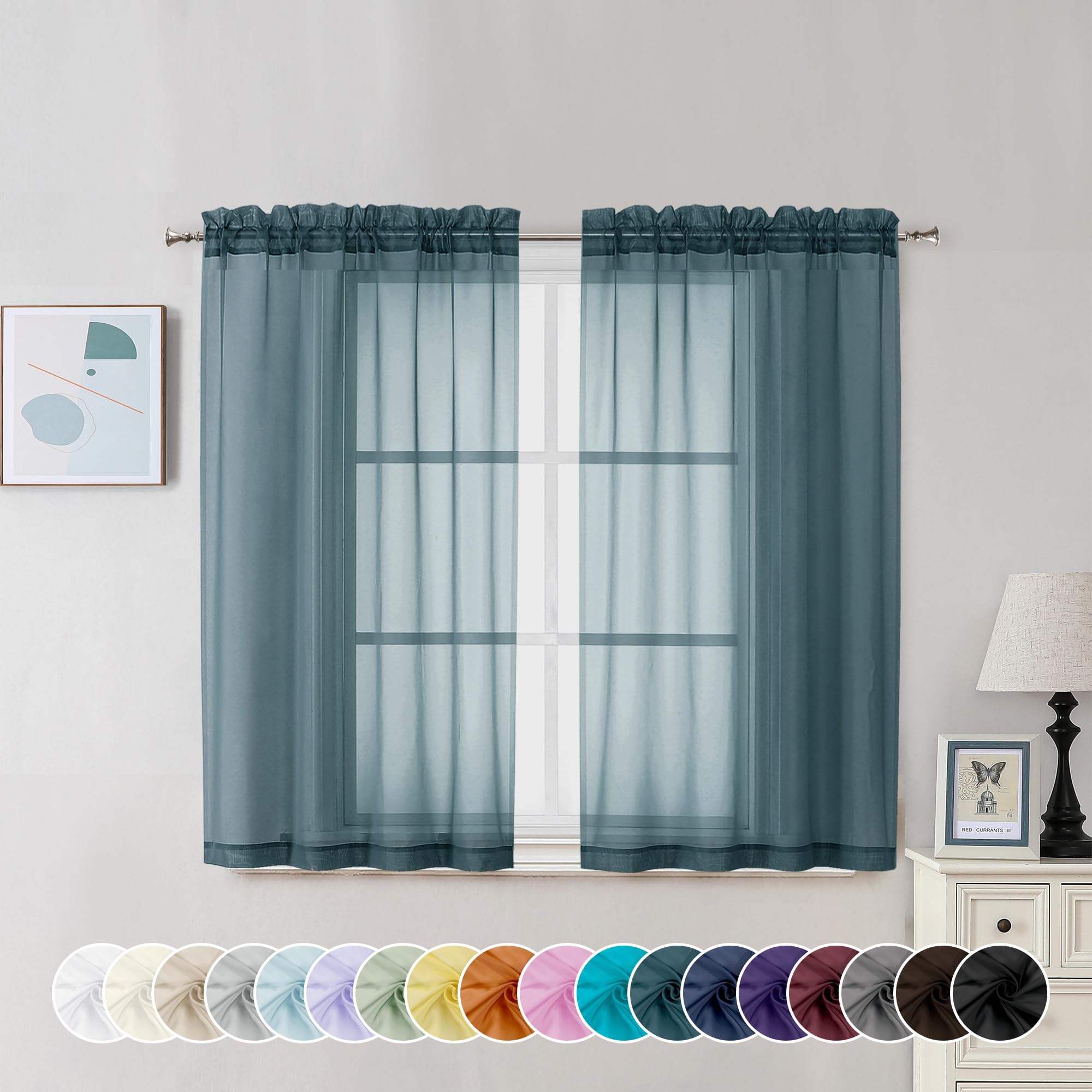 Chyhomenyc Stone Blue Sheer Curtains 45 Inch Long 2 Panels, Light Filtering Rod Pocket Voile Short Curtains Drapes for Living Room Bedroom Small Windows, 42Wx45L Inches — image 1