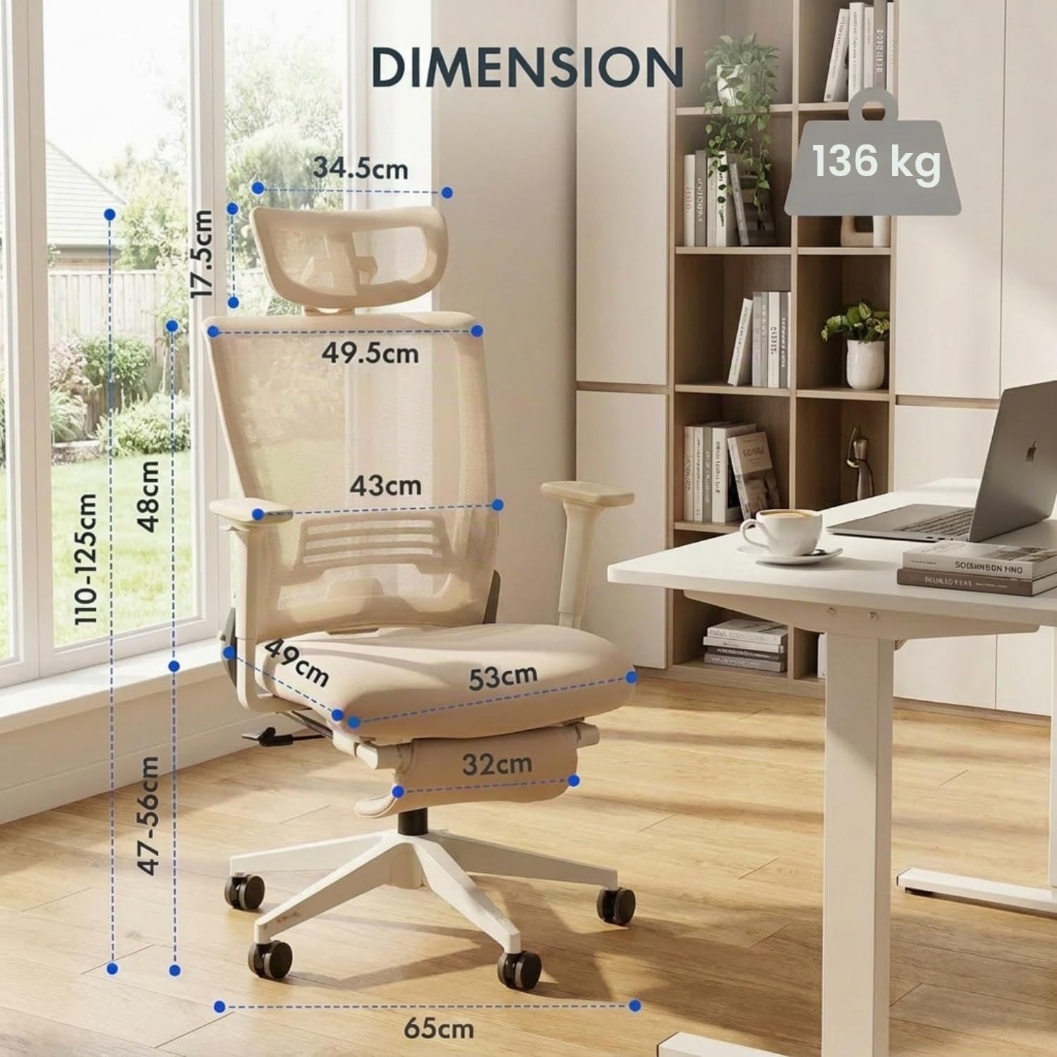 FLEXISPOT Foldex Chaise Bureau Pliante, Chaise Ergonomique avec Support Lombaire, Accoudoirs Réglables en Hauteur, Appui-Tête 2D, Chaises de Bureau avec Repose-Pieds, Beige