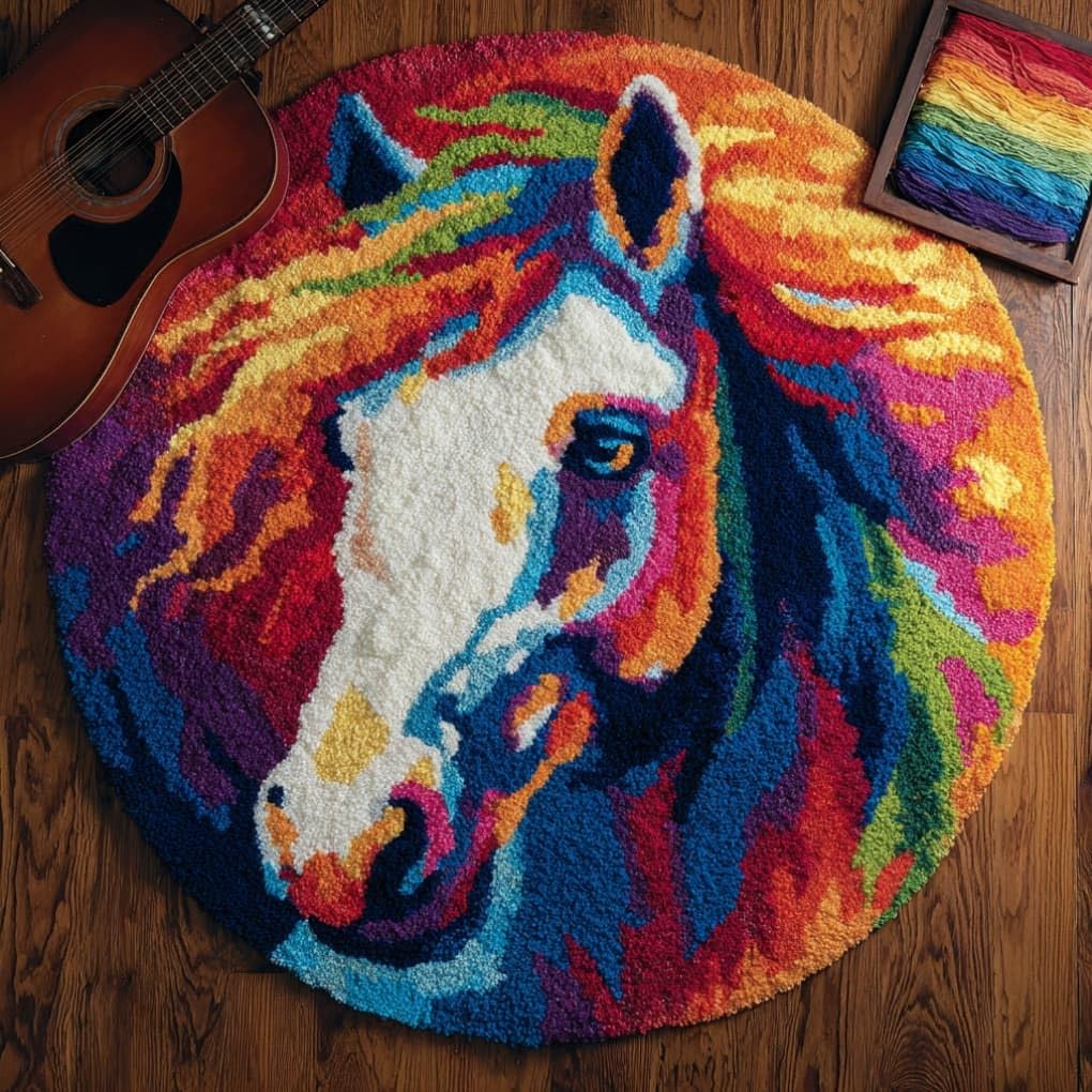 kitphoenix Round DIY Latch Hook Rug Kits Horse 20X20Inch (50X50Cm) Easy for Beginners Round Carpet Crochet Yarn Craft Large Rug Hook and Latch Tapestry for Home Decor