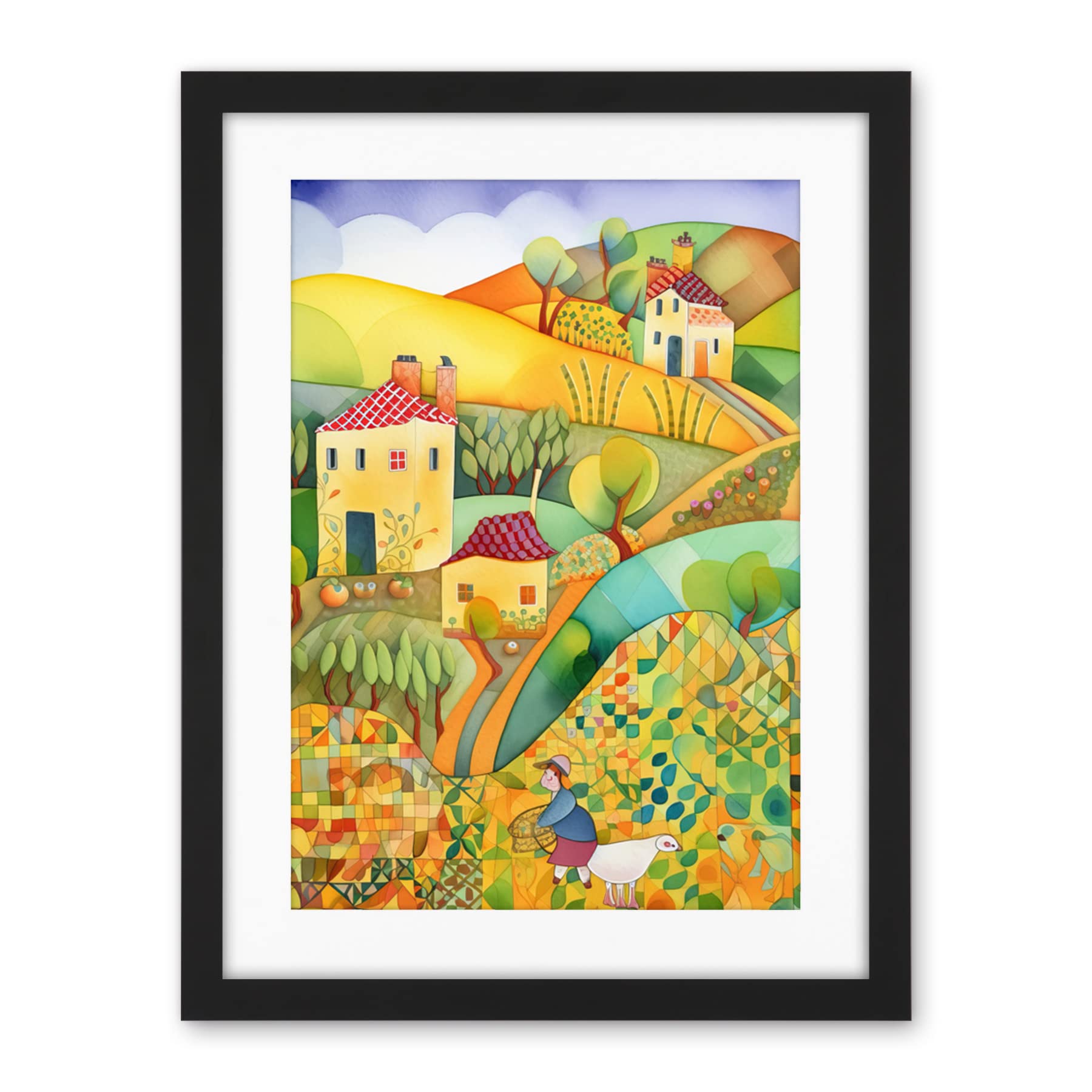Artery8 Countryside Farming Folk Art Watercolour Painting Artwork Framed Wall Art Print 18X24 Inch