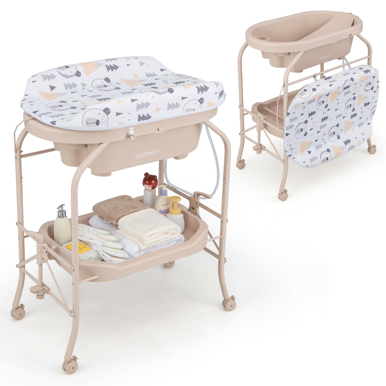 COSTWAY4 in 1 Baby Changing Table, Folding Infant Nursery Station with Bath Tub, 4 Universal Wheels, PVC Pad and Storage Tray, Portable Newborn Massage Tables Diaper Organizer
