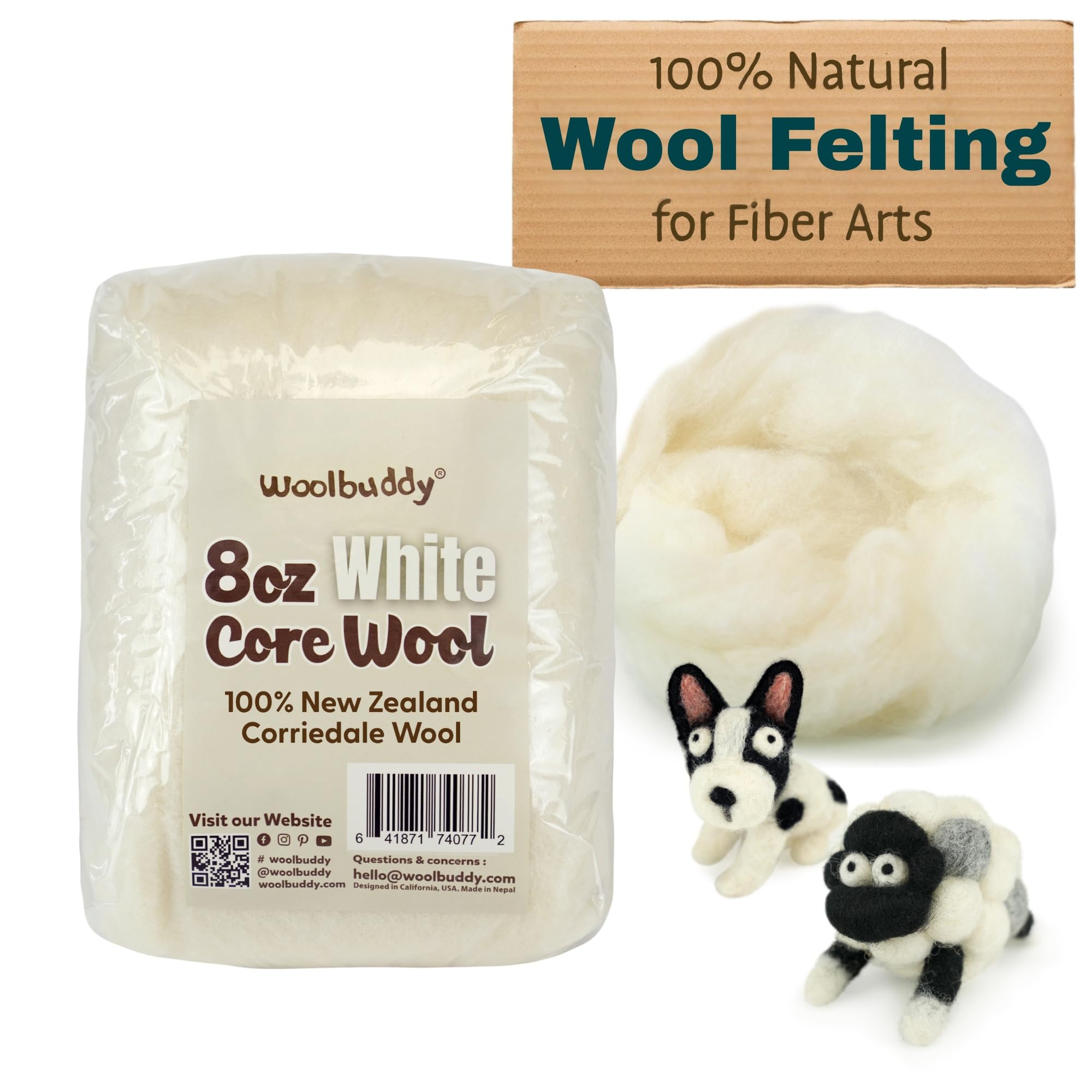 Woolbuddy Wool Felting Core Wool – Handmade Carded White for Needle & Wet Felting, Dryer Balls, Craft Pads & Chunky Yarn (8oz)OEKO-TEX STANDARD 100