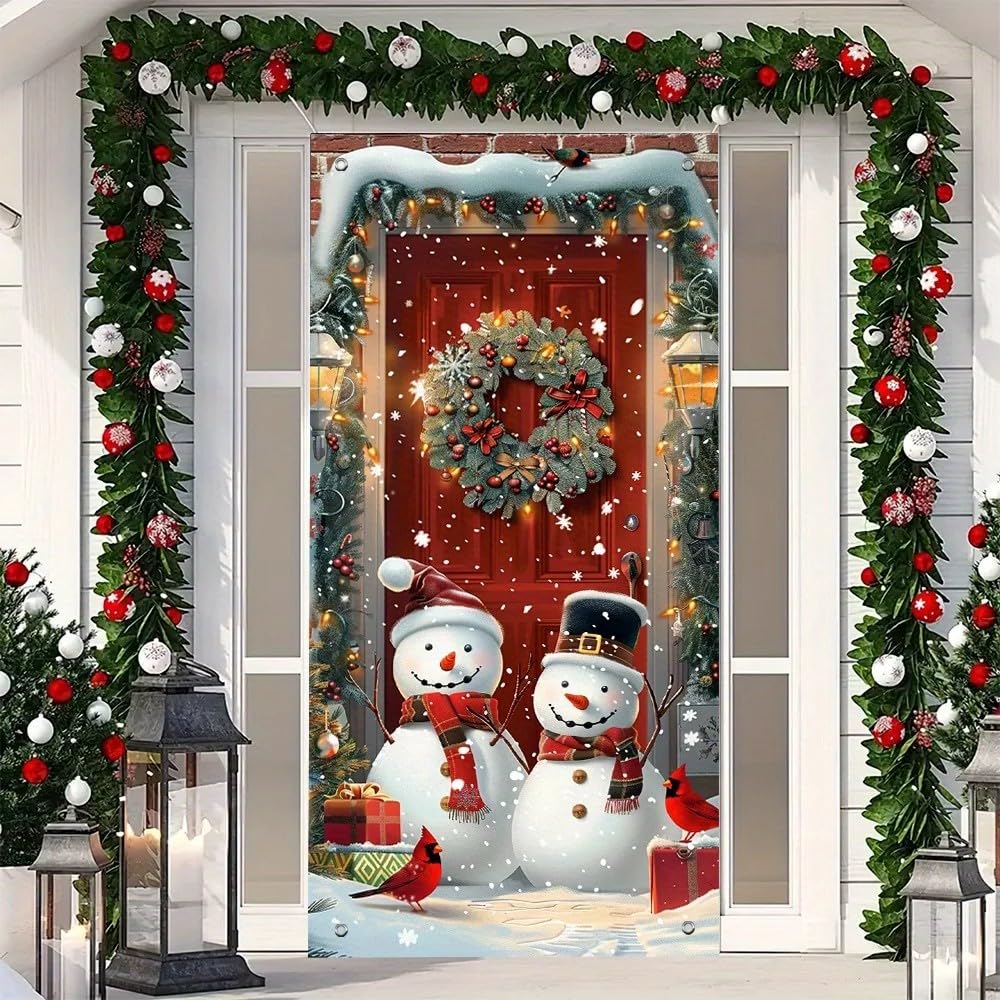 Świąteczna dekoracja drzwi – winylowa osłona drzwi z bałwanem i wieńcem, odpowiednia na święta Bożego Narodzenia i jako dekoracja domu. 440 x 300 cm