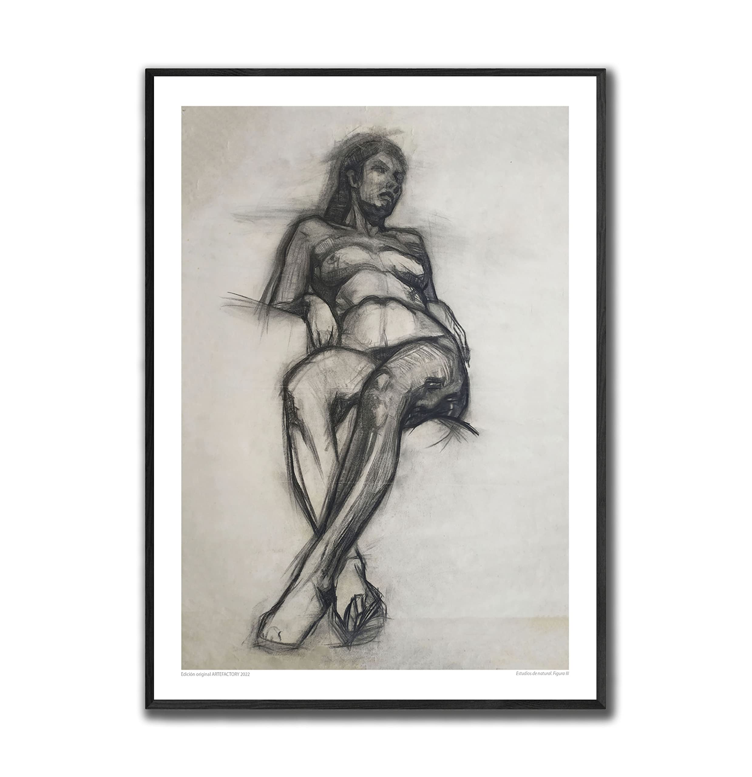 Dibujo antiguo de figura de desnudo femenino al estilo clásico, carboncillo/Lámina de bellas artes/Dibujo académico de modelo natural (DIN A3 (42x29,7cm))