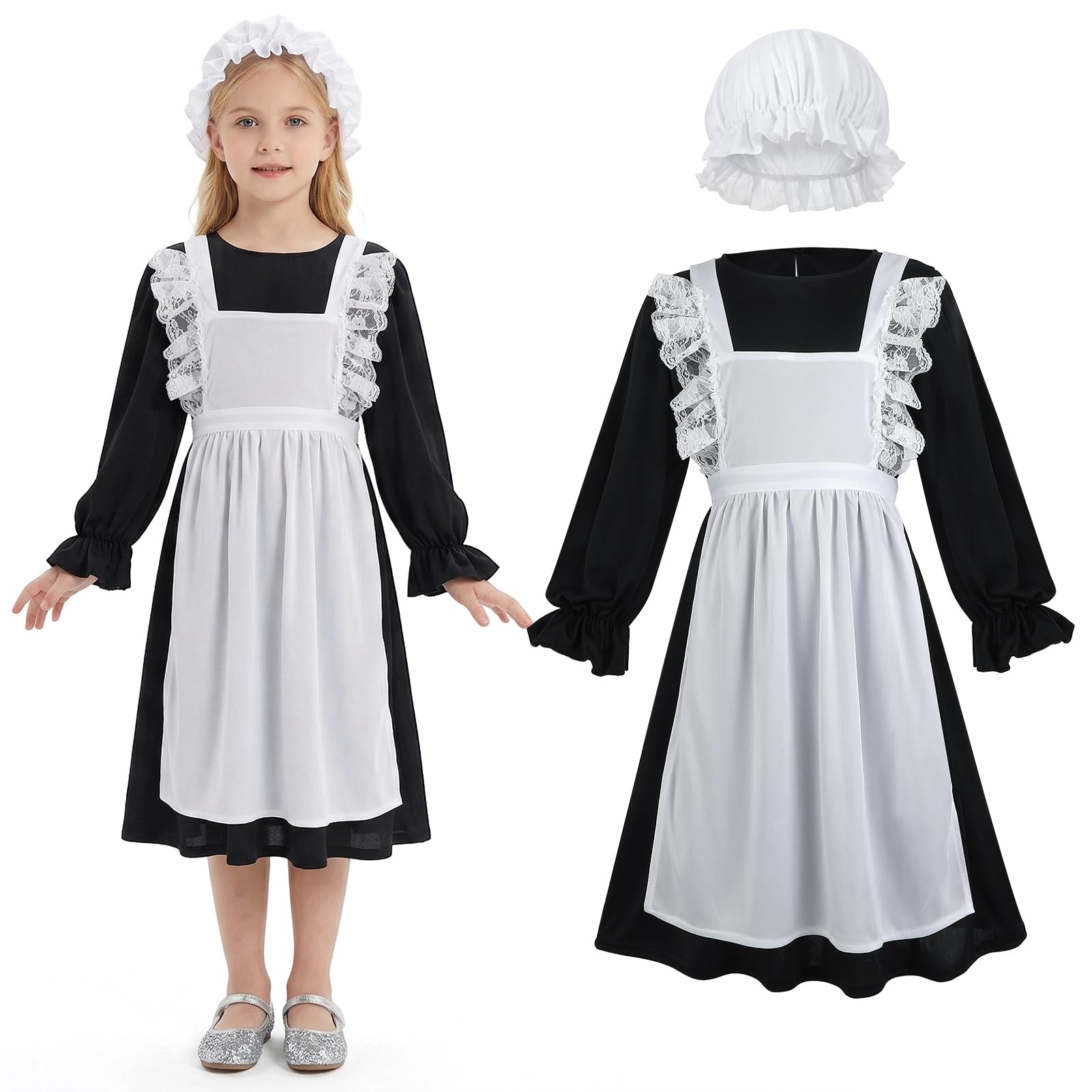 GSrenyu Victorian Costume Girl Age 7-9, Victorian Maid Costume Dress With Mop Cap, Girl Outfit Fancy Dress Costumes For Party Cosplay, World Book Day(M)