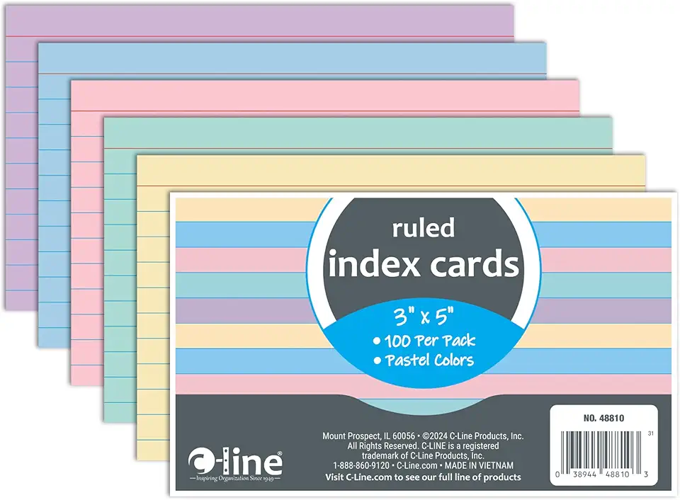 C-Line 3” x 5” Index Cards, Assorted Colors, Ruled, 100/PK (48810)