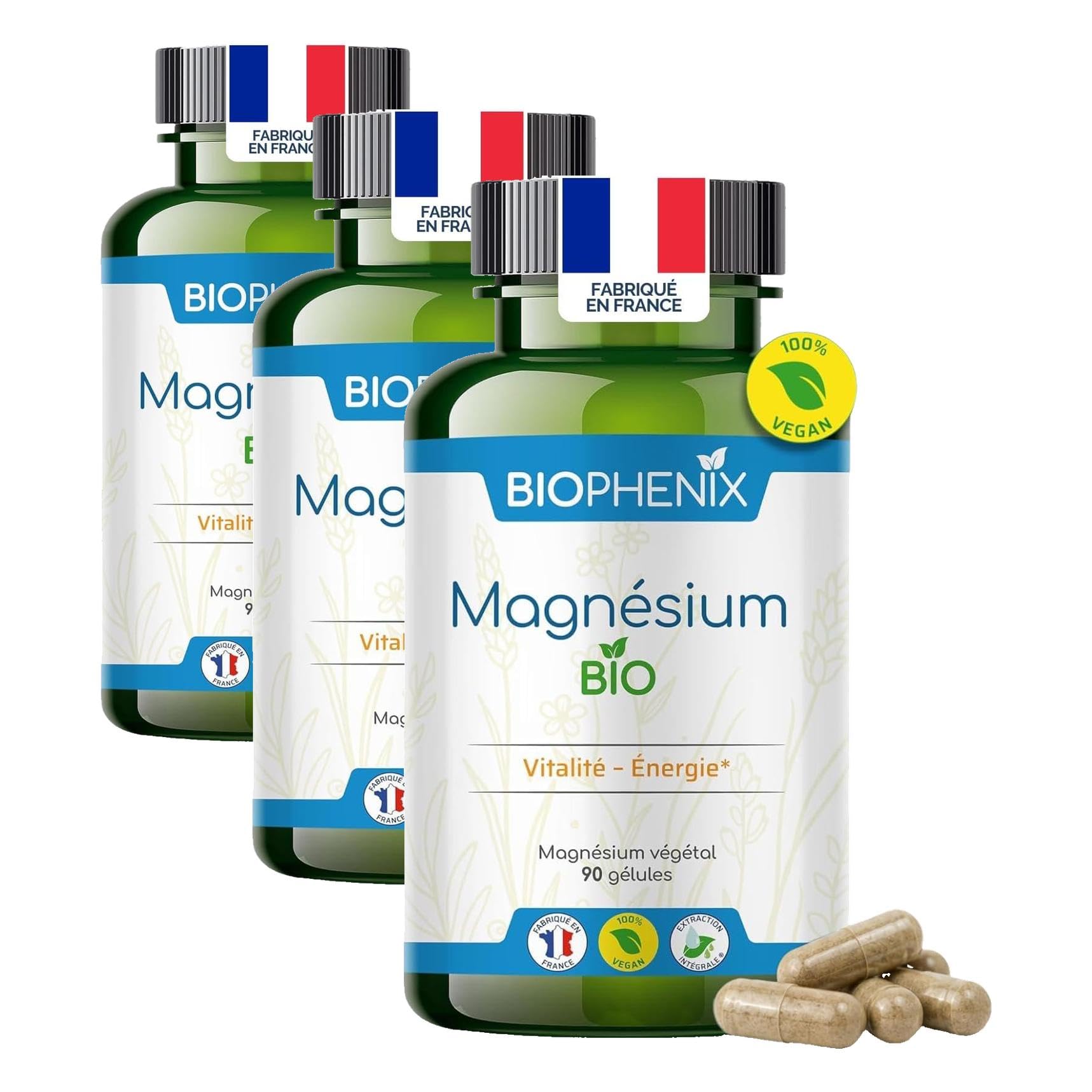Biophénix - Magnésium Bio 90 Gélules - Procédé Exclusif Extraction Intégrale® - 0% Excipient • 0% Additif • 0% Produit Chimique - Fatigue & Equilibre - Fabriqué en France - Vegan (Lot de 3)
