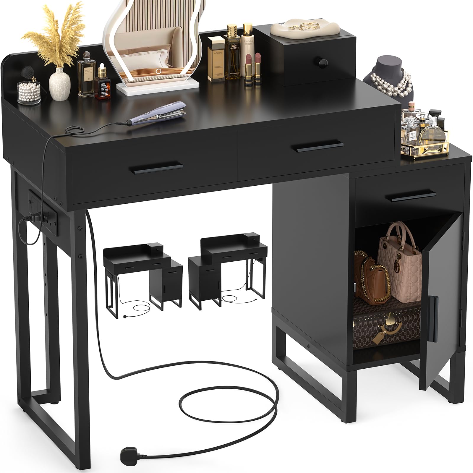 iSunirm Dressing Table Vanity Desk with 4 Storage Drawers - Modern Makeup Desk with Charging Station, Vanity Desk with Reversible Cabinet Table Set with Divided Organizers for Women Girls