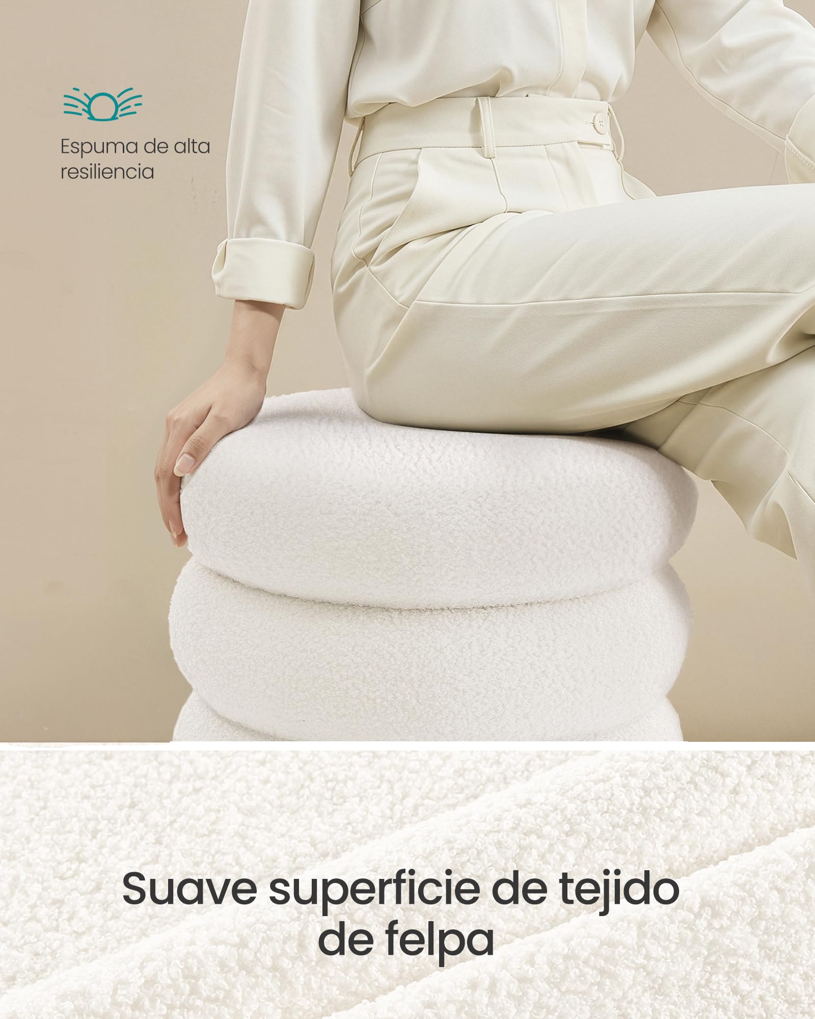 SONGMICS Taburete de Tocador, Puff Redondo con Almacenamiento, Reposapiés Acolchado, Tapa Extraíble, Salón Dormitorio Recibidor, Fácil de Montar, 43 x 47 cm, Peluche, Blanco LOM015WD01