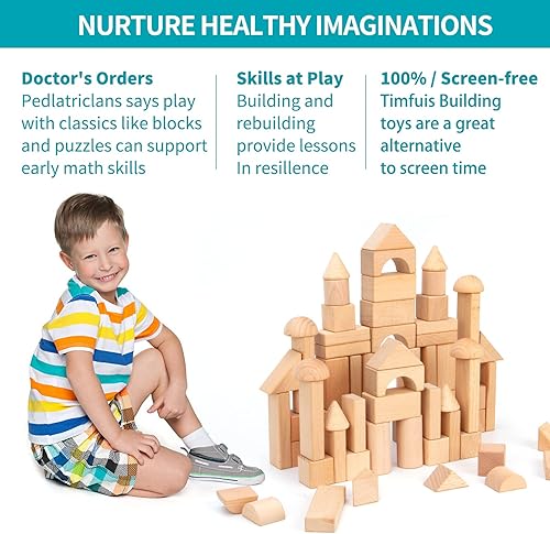 Miniatura 4 de Timfuis Juego de bloques de construcción de madera, 80 piezas de madera natural apilable, juguete con bolsa de transporte, regalos de cumpleaños