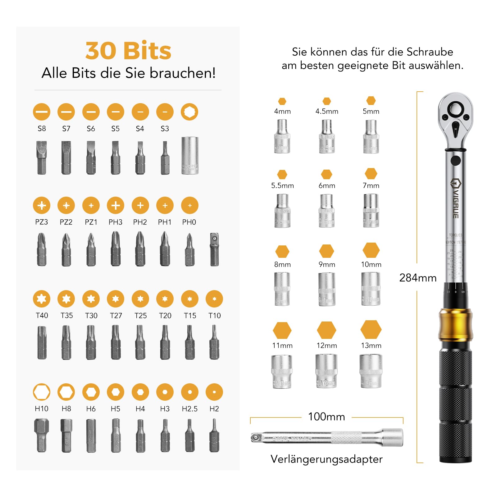 Drehmomentschlüssel Fahrrad 5-25 Nm, VIGRUE Drehmomentschlüssel 1/4 Zoll, ±4% Genauigkeit, Torque Wrench Set mit Ratsche, Verlängerungsstange, Universalgelenk, Zündkerzenhülse, Bits für Motorrad, Auto