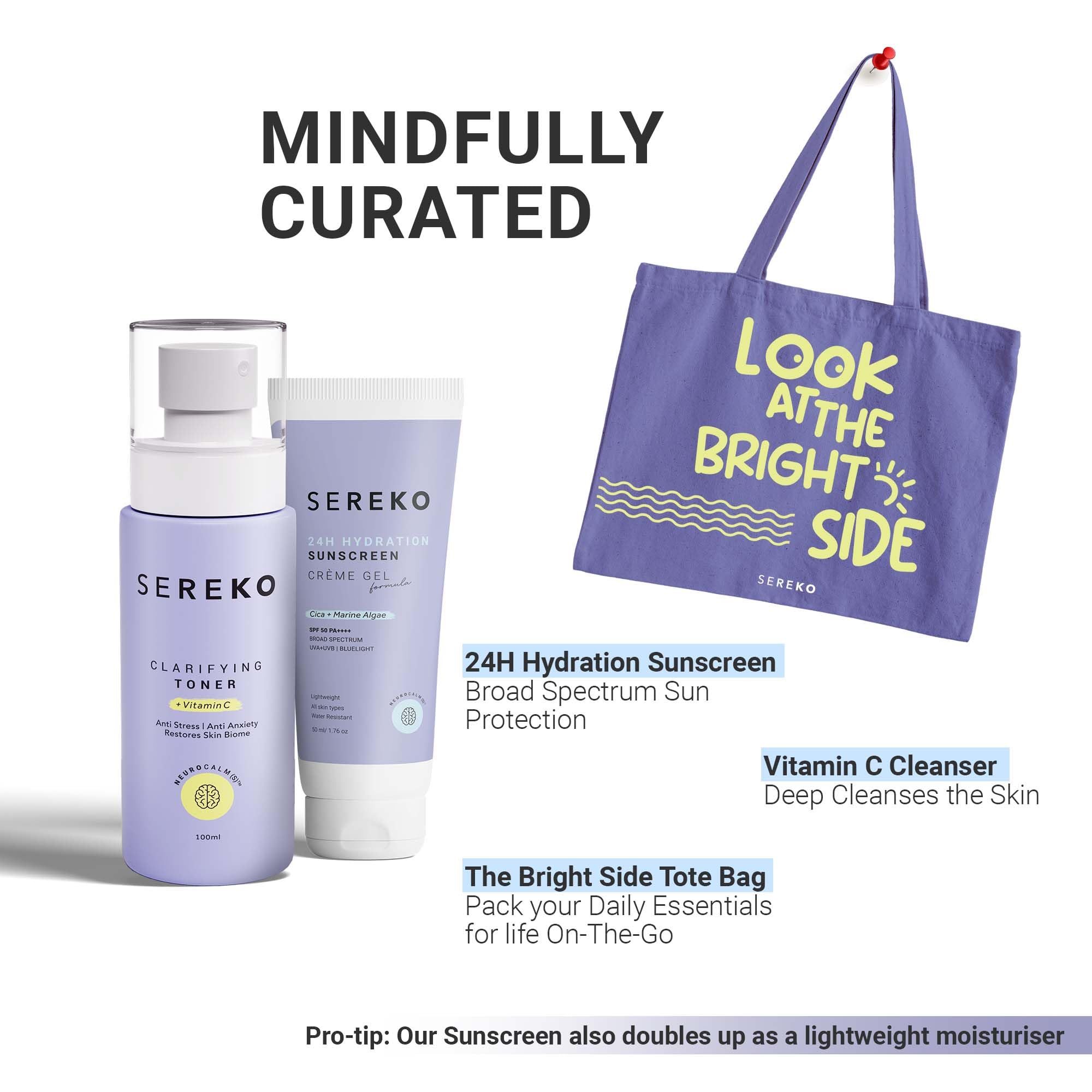 Sereko Skincare Gift Set for Women & Men | Brightening Vitamin C Face Cleanser and Sunscreen SPF 50++++ for Women & Men with Bright Side Tote Bag (Glow On-The-Go Gift Set) 3