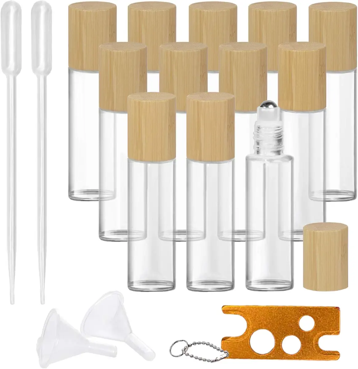 Glass Roll On Bottle with Bamboo Lid for Essential Oils, Creatiee Eco-friendly Refillable Clear Perfume Sample Bottles with Stainless Steel Roller Ball - Portable &amp; Practical (12Pcs 15ml Clear)