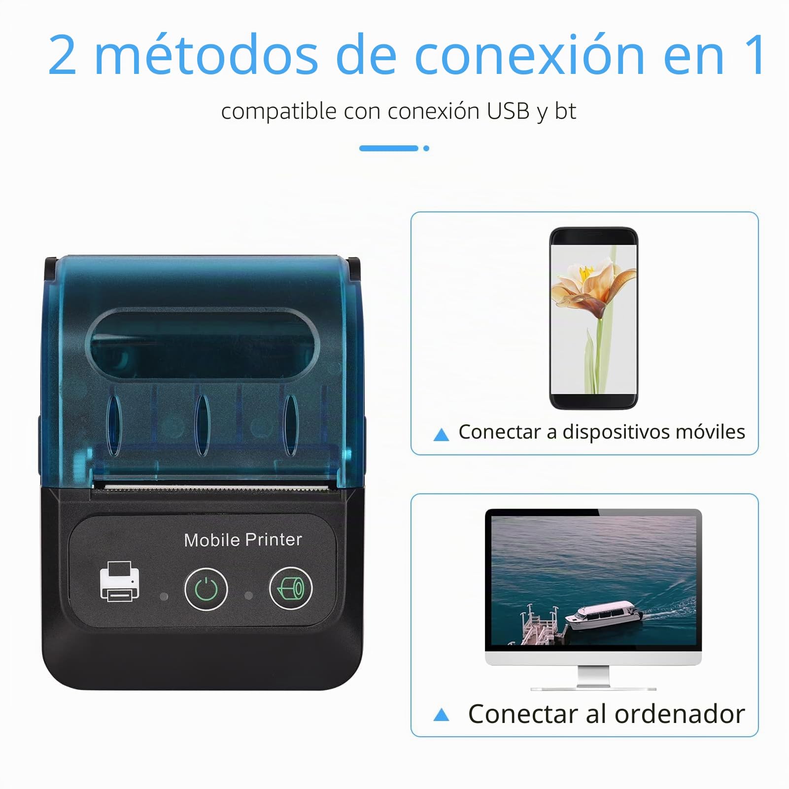 Impresora térmica de recibos portátil 58 mm mini 2 pulgadas 11 rollos papel térmico USB BT