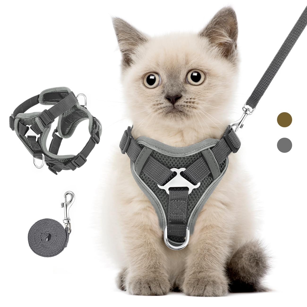 VavoPaw Pettorina per Cani con Guinzaglio da 1,5M, Imbracatura per Gatti Antifuga con Rete Traspirante e Strisce Riflettenti, Gilet Morbido e Regolabile per Cani Gatti, S, Grigio Scuro