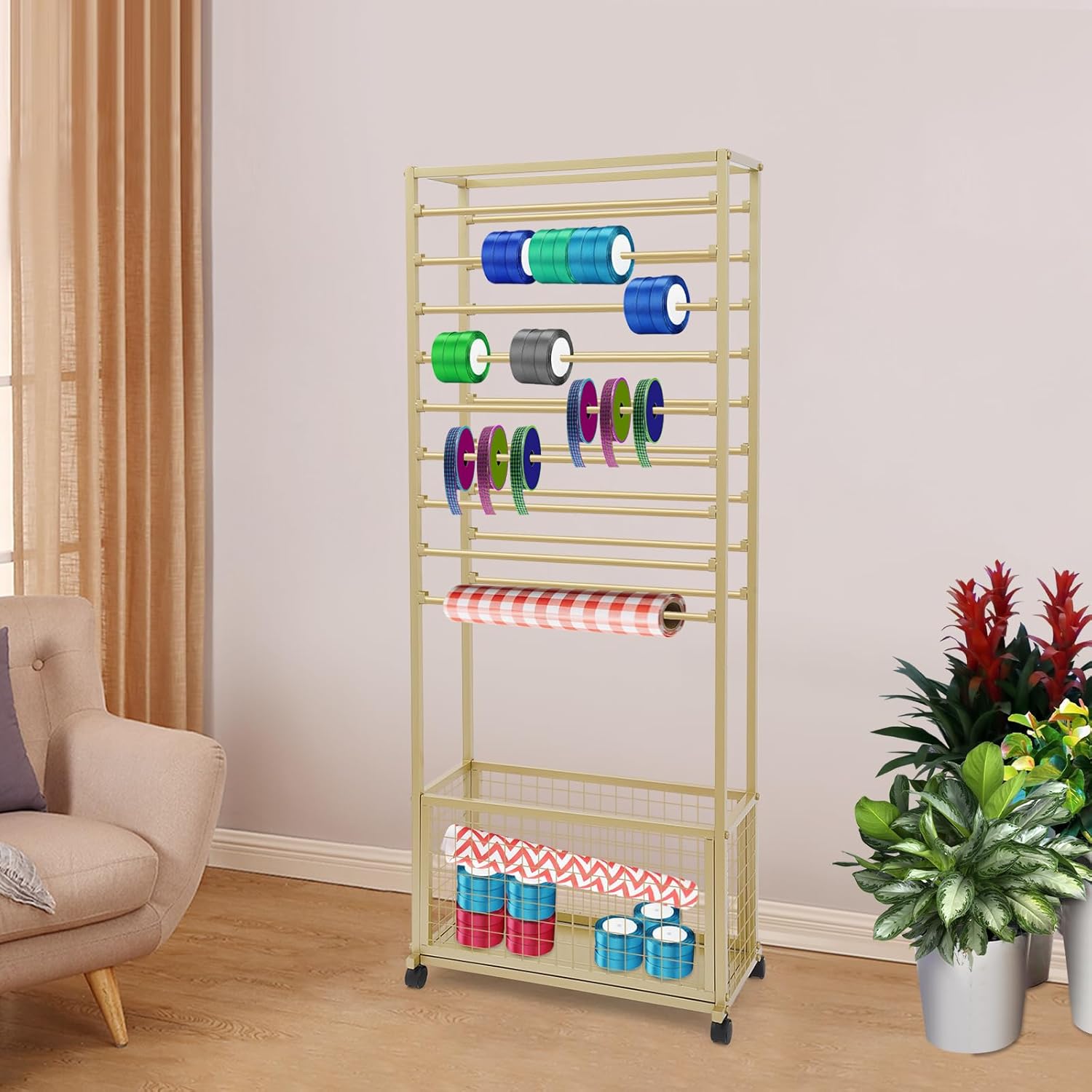 20-Tier Ribbon Holder Organizer Rack, Double-Sided Ribbon Display Rack Storage Shelf Metal Flower Wrapping Paper Storage Stand with 4 Lockable Wheels for Craft Room, Flower Shops, 12.6"D x 26"W x 67"H