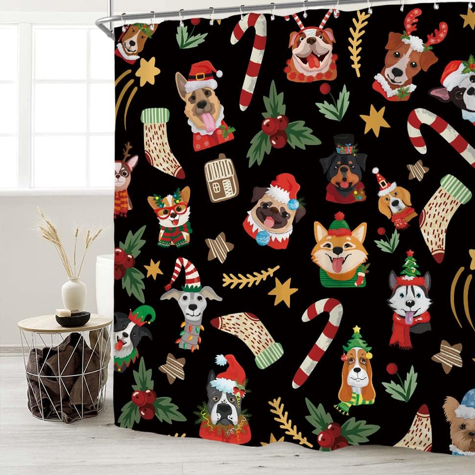Miniatura 3 de Miyotaa Juego de cortinas de ducha de perro de Navidad de 60 pulgadas de ancho x 71 pulgadas de alto, sombreros de Corgi de Papá Noel, festival de
