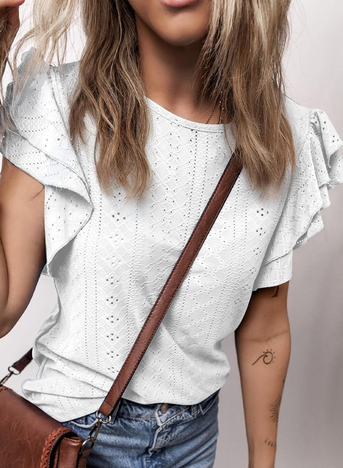 Dokotoo Womens Summer Tops Round Neck Ruffle Sleeve Eyelet Shirts Babydoll Blouses - Image 4