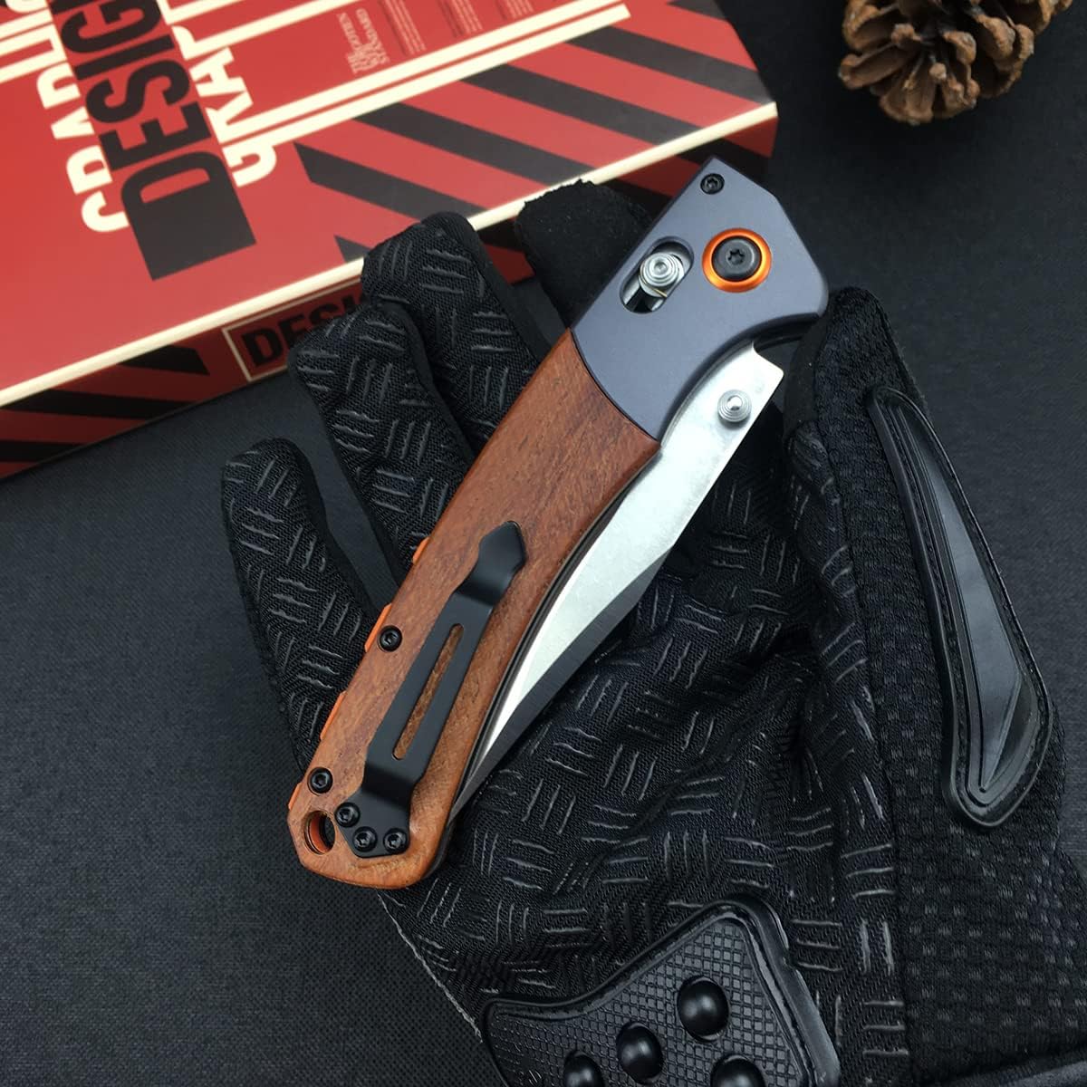 HUAAO Everyday Carry Foldable Knife with 3.7’’ D2 Steel Blade Wood Handle, EDC Manual Open Folding Pocket Knife with Thumb Stud, Belt Clip for Camping