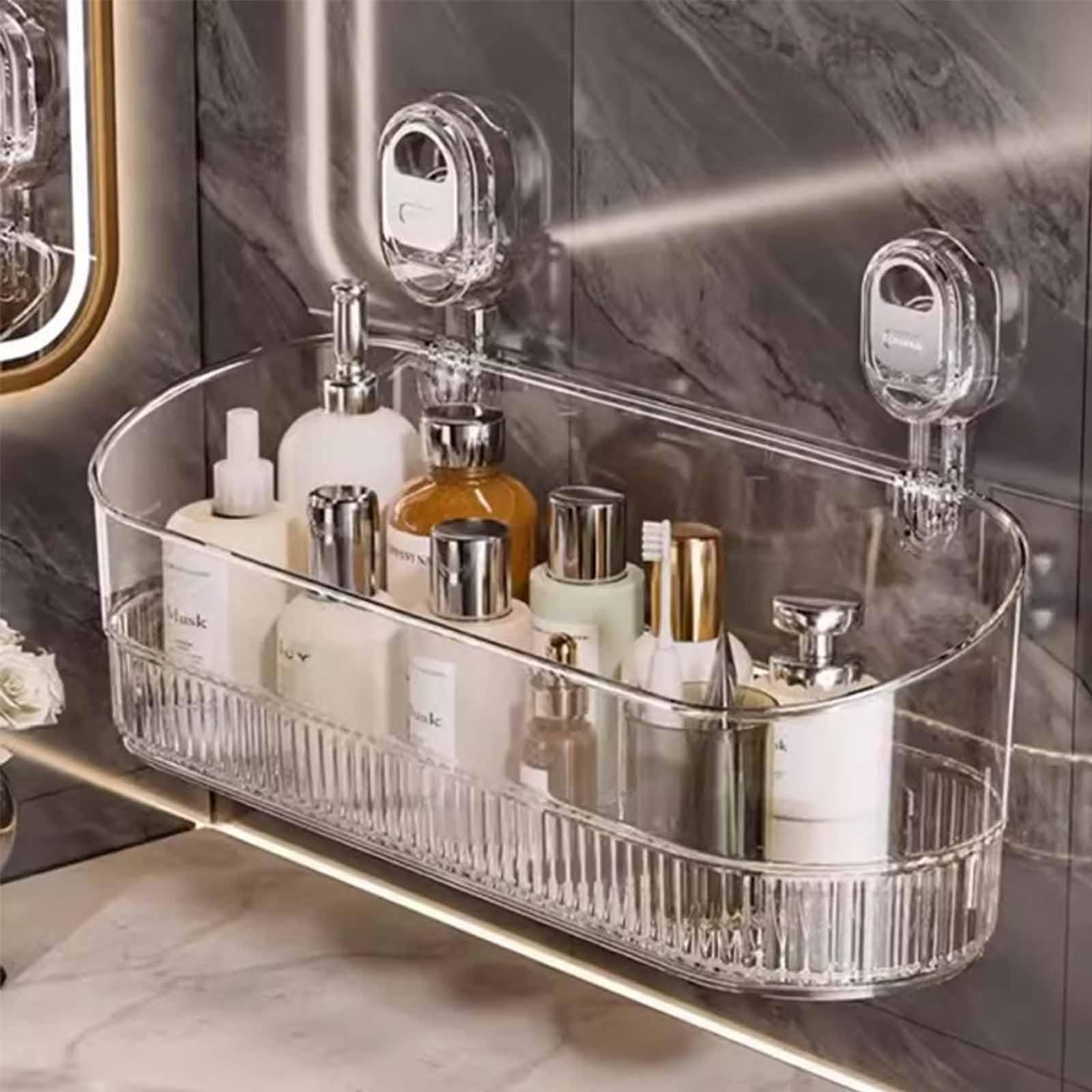 No Drill Bathroom Suction Storage Box Corrugated Suction Cup Shower Shelves with Drain Holes Large Capacity Strong Load-Bearing