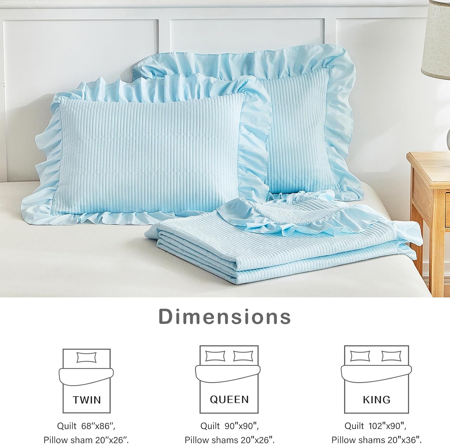 Flysheep Blue Ruffle Quilt Set Twin Size, 2 Pieces Shabby Chic Farmhouse Striped Bedspread Coverlet Set, Solid Lightweight Soft Microfiber Bed Cover for Kids (1 Ruffled Quilt + 1 Pillow Sham)