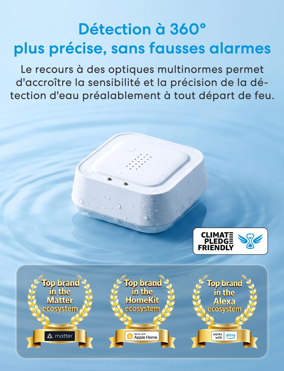 Meross Matter Détecteur de Fuite d'eau Connecté avec MSH450, 100dB Alarm | Capteur de Fuite d'eau Wi-FI Détection 0,3 mm, 100dB Sensor & APP & Hub-Alarm, pour la Cuisine, Salle de Bains et Cantine
