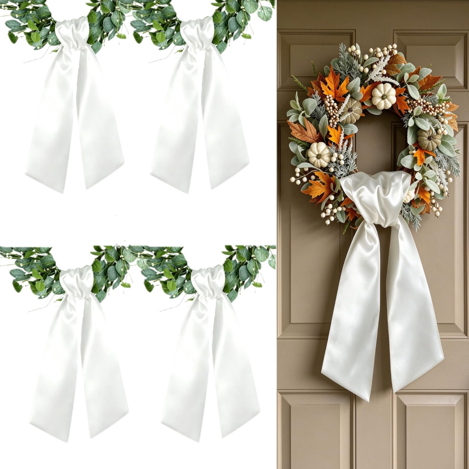 Dream Loom Wreath Sash for Front Door, 4pcs White Wreath Sash Holiday Baby Shower Wreath Accessories for Home Birthday Wedding Christmas Decorations