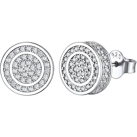 ChicSilver 925 Sterling Silver White Cubic Zirconia Pave CZ Round Disc Stud Earrings For Women Men 10MM Hypoallergenic Jewelry