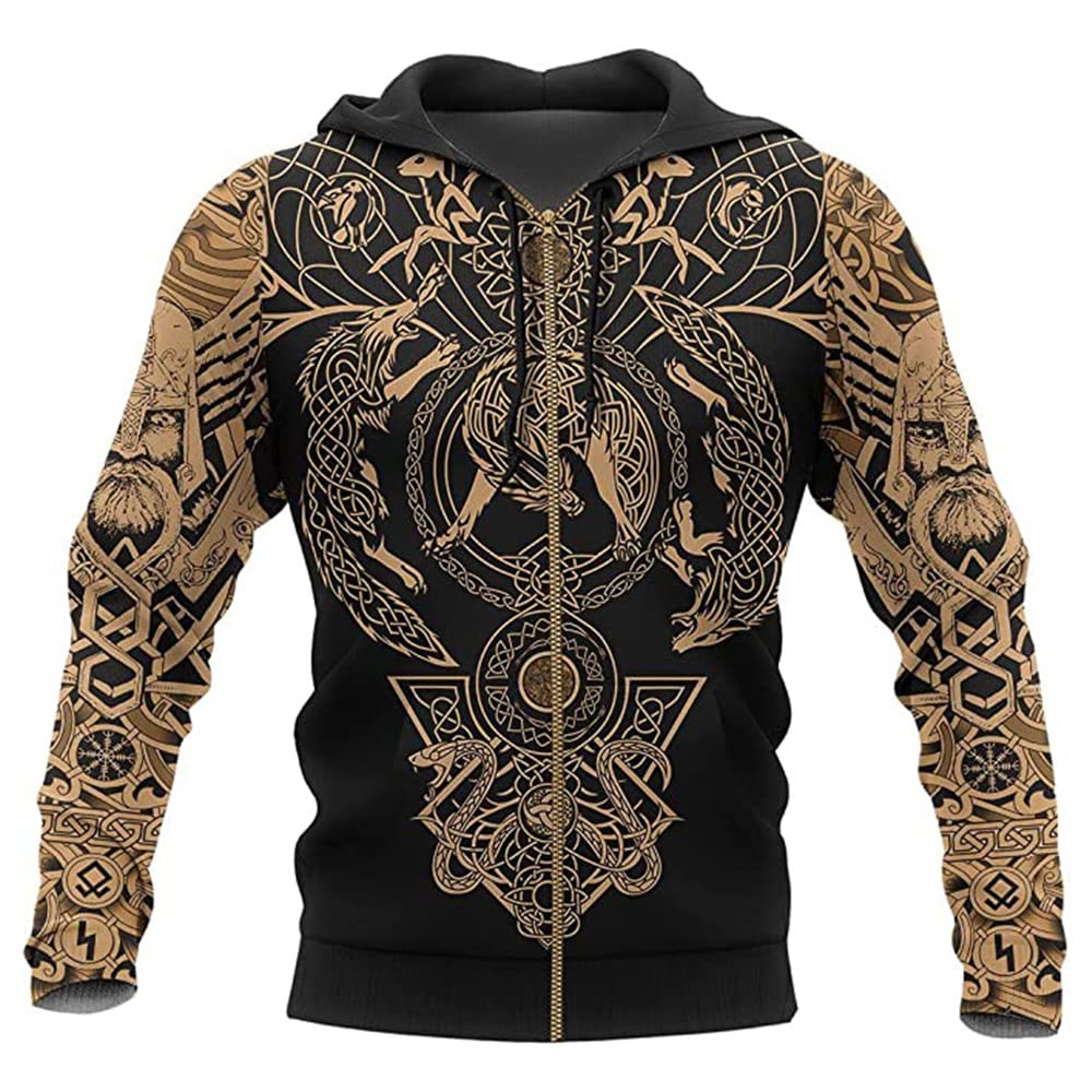 XININXIMEN Odin viking Ravens zip hoodie warriors Nordic Mythology Patten Casual Taille Plus zip up (XL,Khaki wolf)