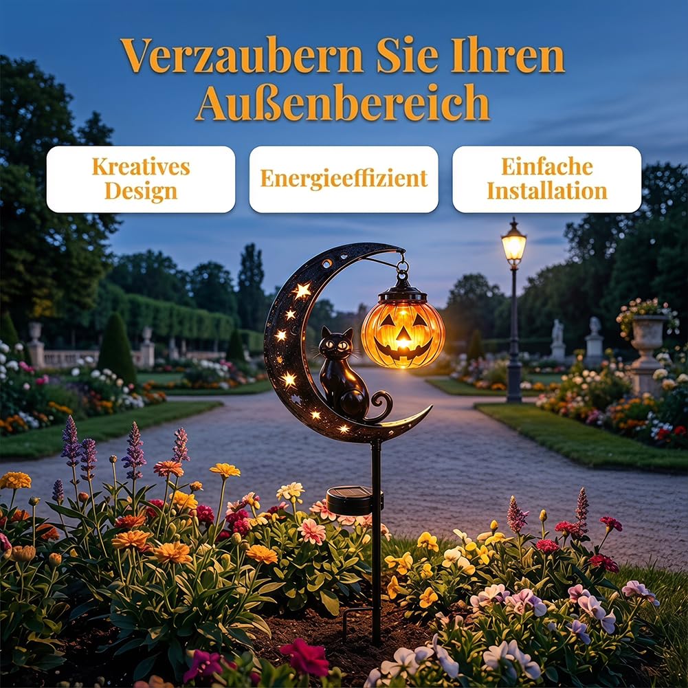 Halloween Deko Outdoor Solar Gartenstecker, Schwarze Katze Mond und Kürbis Deko, Wetterfeste Solarlampen für Außen, Halloween Deko Garten für Rasen, Gehwege und Terrassen，2Pcs-A
