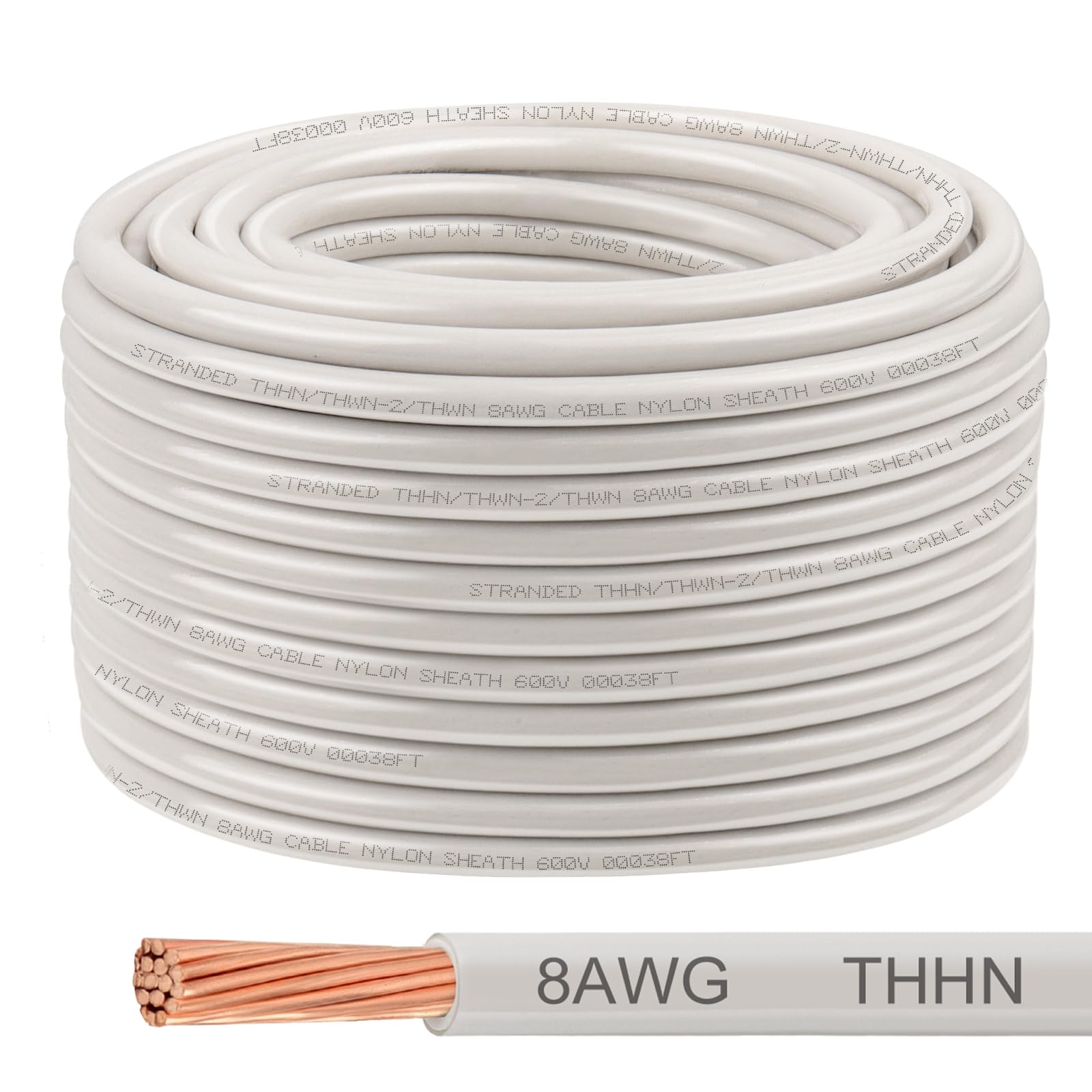 Photo 1 of THHN Wire 8 Gauge 150 FT, 8 AWG Stranded OFC Copper Electrical Building Wire with Nylon Jacket PVC Insulation, Rated 600V for Residential, Industrial, CNC, Ground (8 Gauge, White)