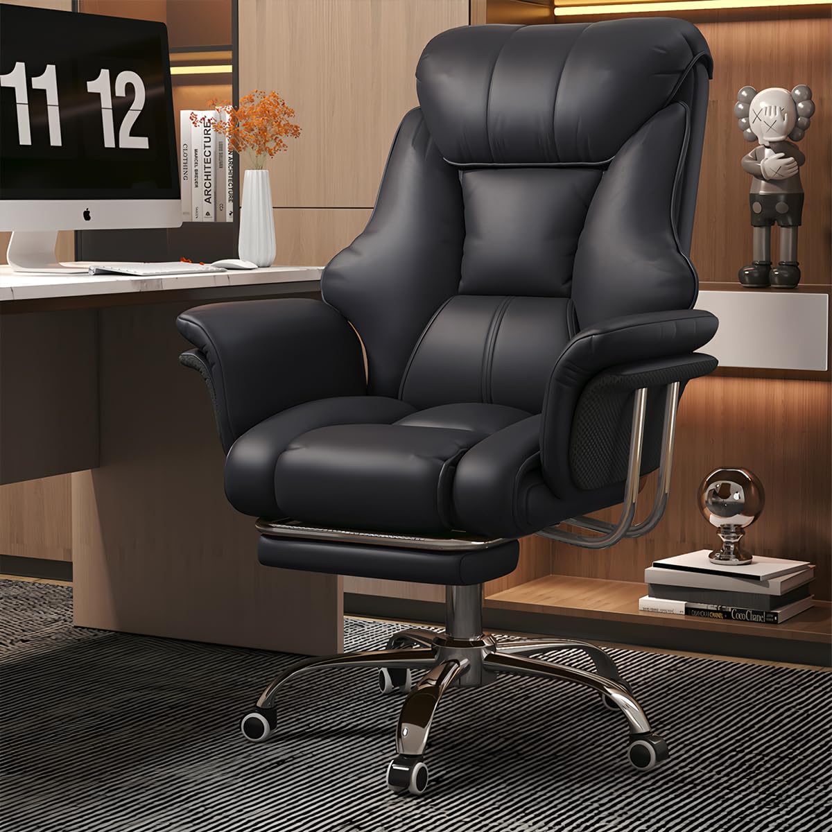 Silla de Oficina Grande Y Alta (250 kg), Silla Ejecutiva Extra Ancha en Cuero Sintético con Reposapiés Retráctil, Ergonómica, Resistente Y de Altura Ajustable para Ordenador.