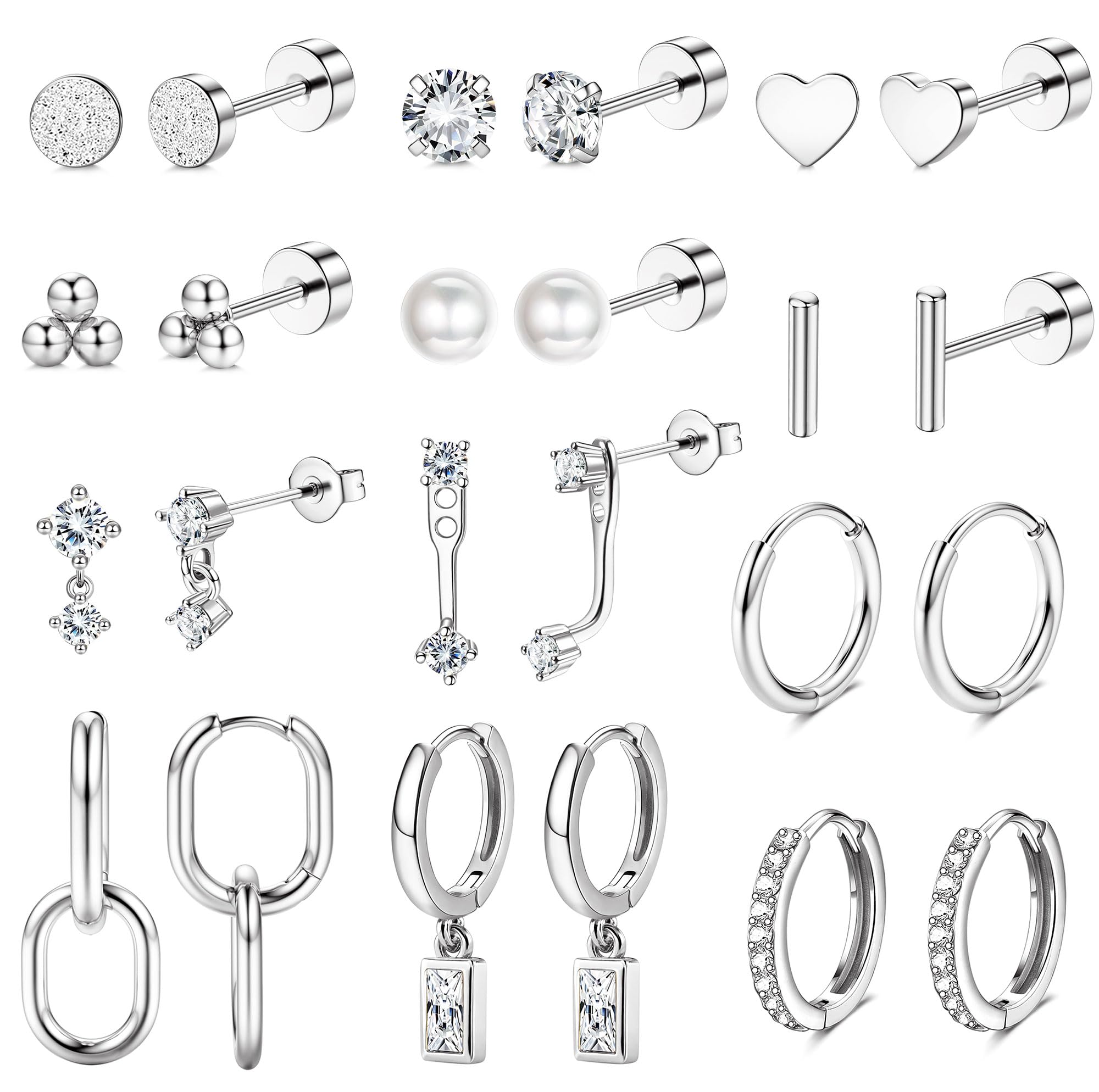 BESTEEL 12Pairs Hypoallergenic Flat Back Earrings for Women - 14K Gold Plated Stainless Surgical Steel Earring Stacks Set Small Dangle Stud Hoop