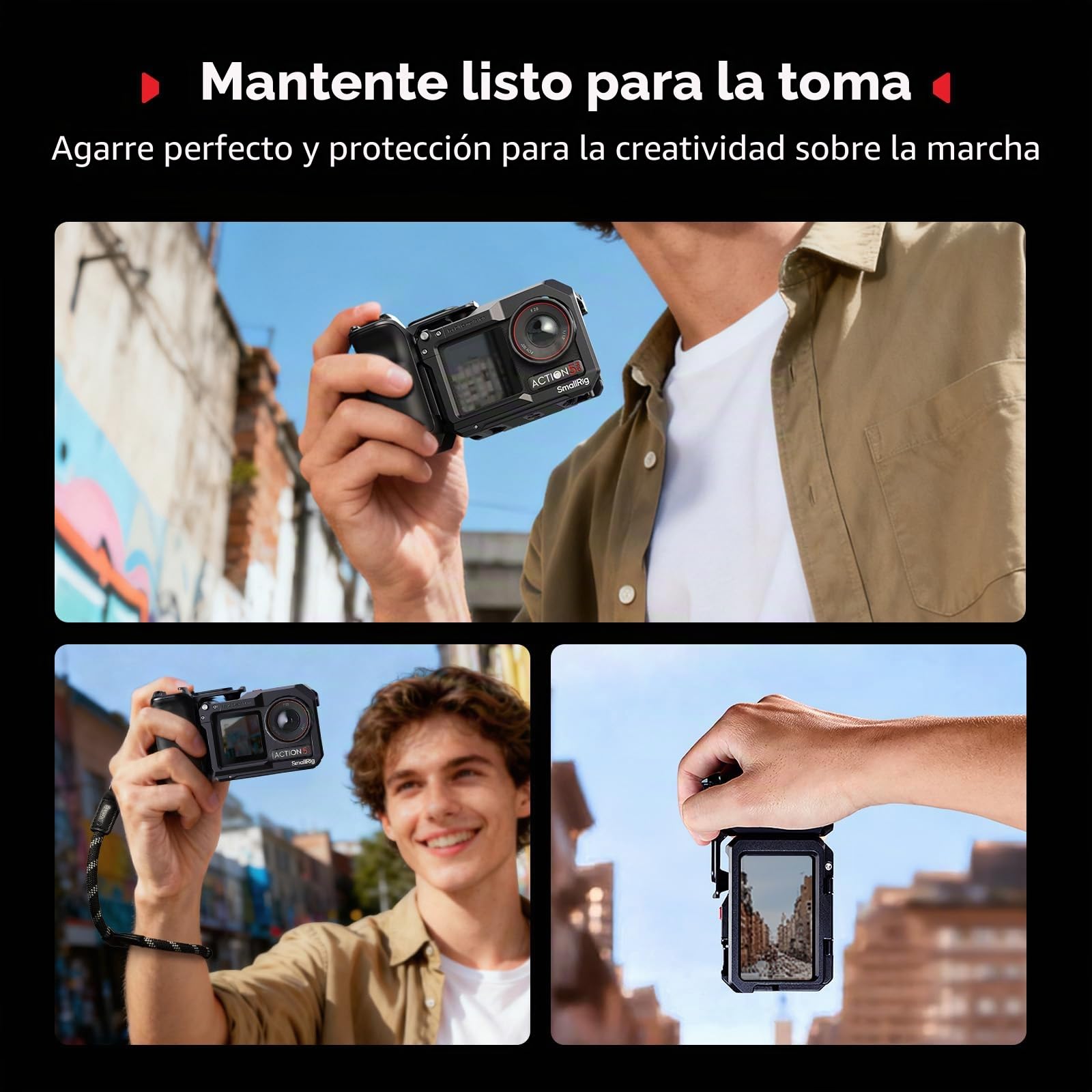 SMALLRIG Kit Jaula para DJI Action 5 Pro/4/3 con Jaula, Empuñadura de Liberación Rápida con Botón de Disparo, Zapata Fría y Roscas 1/4" para Trípodes - 5602