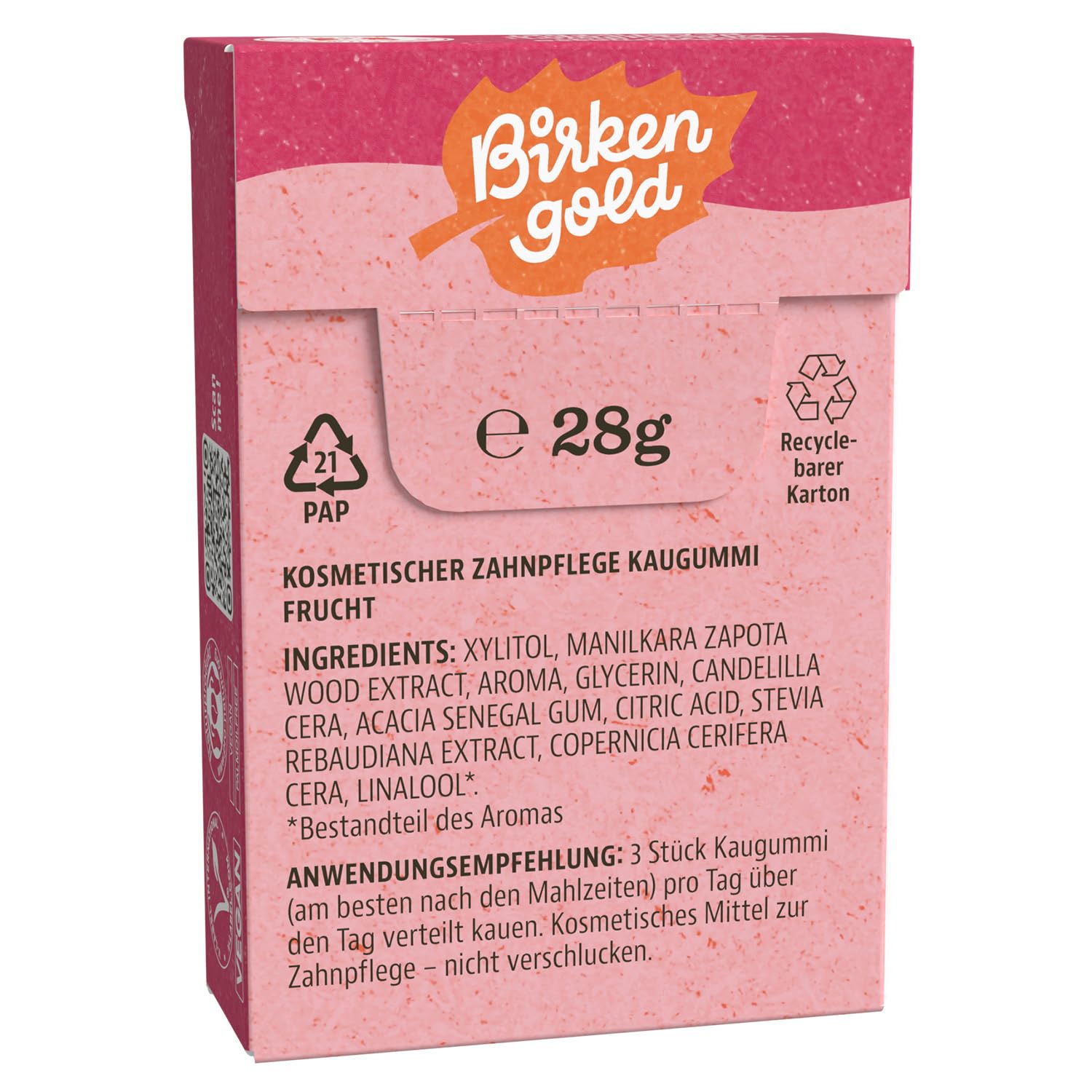 Birkengold Xylit Zahnpflege Kaugummi | Frucht | plastikfrei | 8 Stk. | Natürliche Kaumasse (Chicle) | Ohne Erdöl | Zuckerfrei | Naturkosmetik zertifiziert | vegan