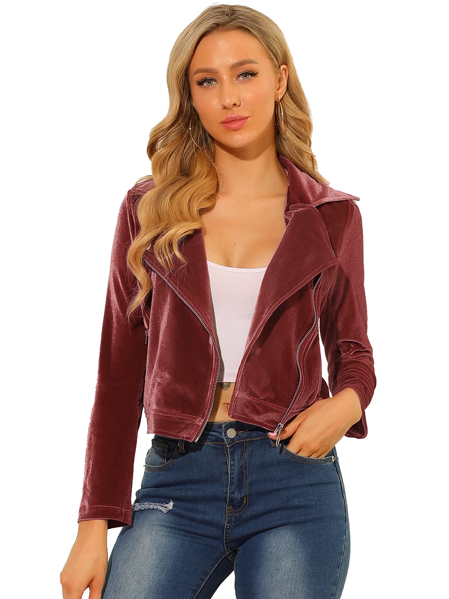 Allegra K Women's Velvet Moto Jacket Cropped Blazer Zip Up Motorcycle Lapel Collar Winter Dressy Jackets Coat