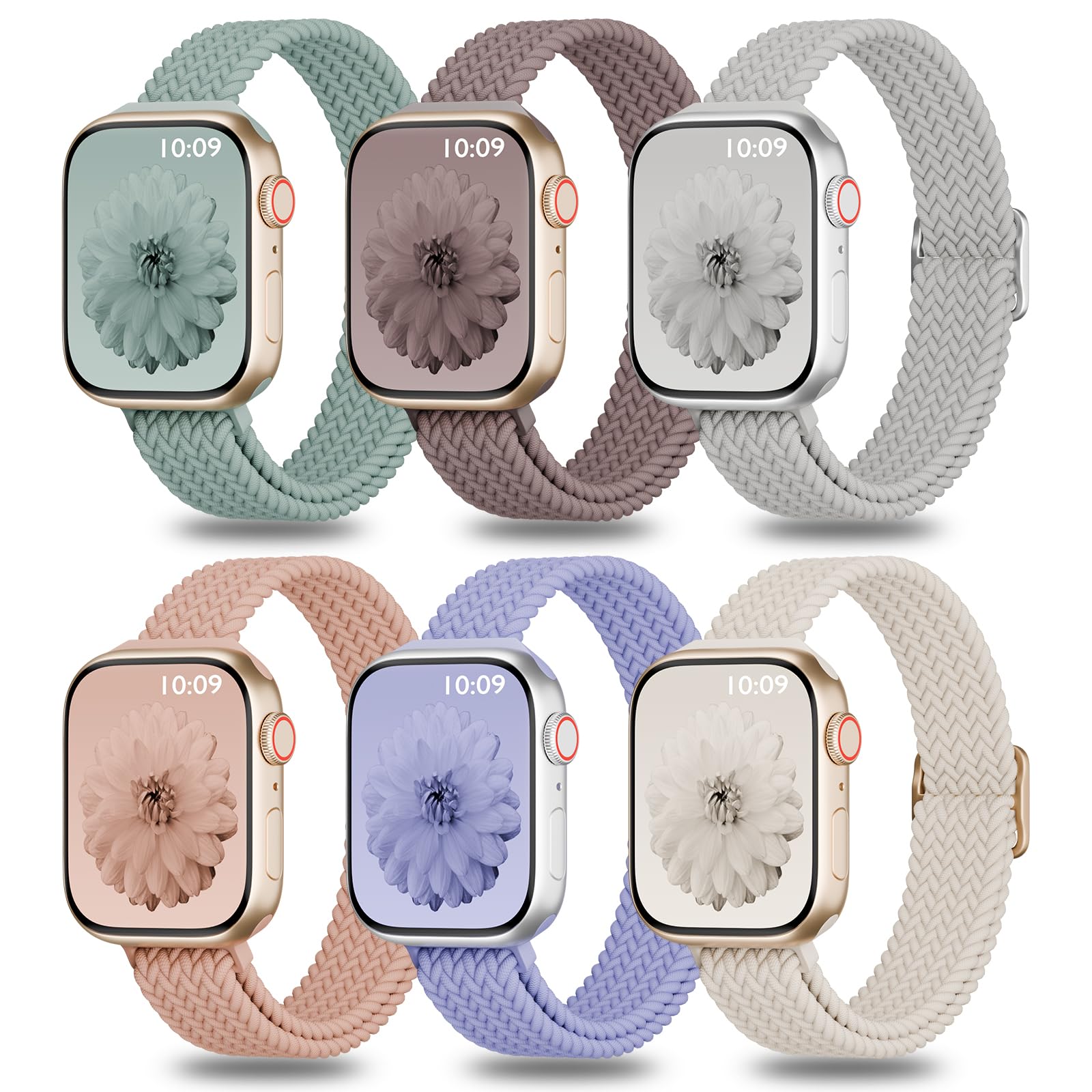 Paquete de 6 correas delgadas y elásticas trenzadas compatibles con Apple Watch de 38 mm, 40 mm, 41 mm, 42 mm, 44 mm, 45 mm, 46 mm, 49 mm, para mujeres y hombres, correas delgadas de nailon para