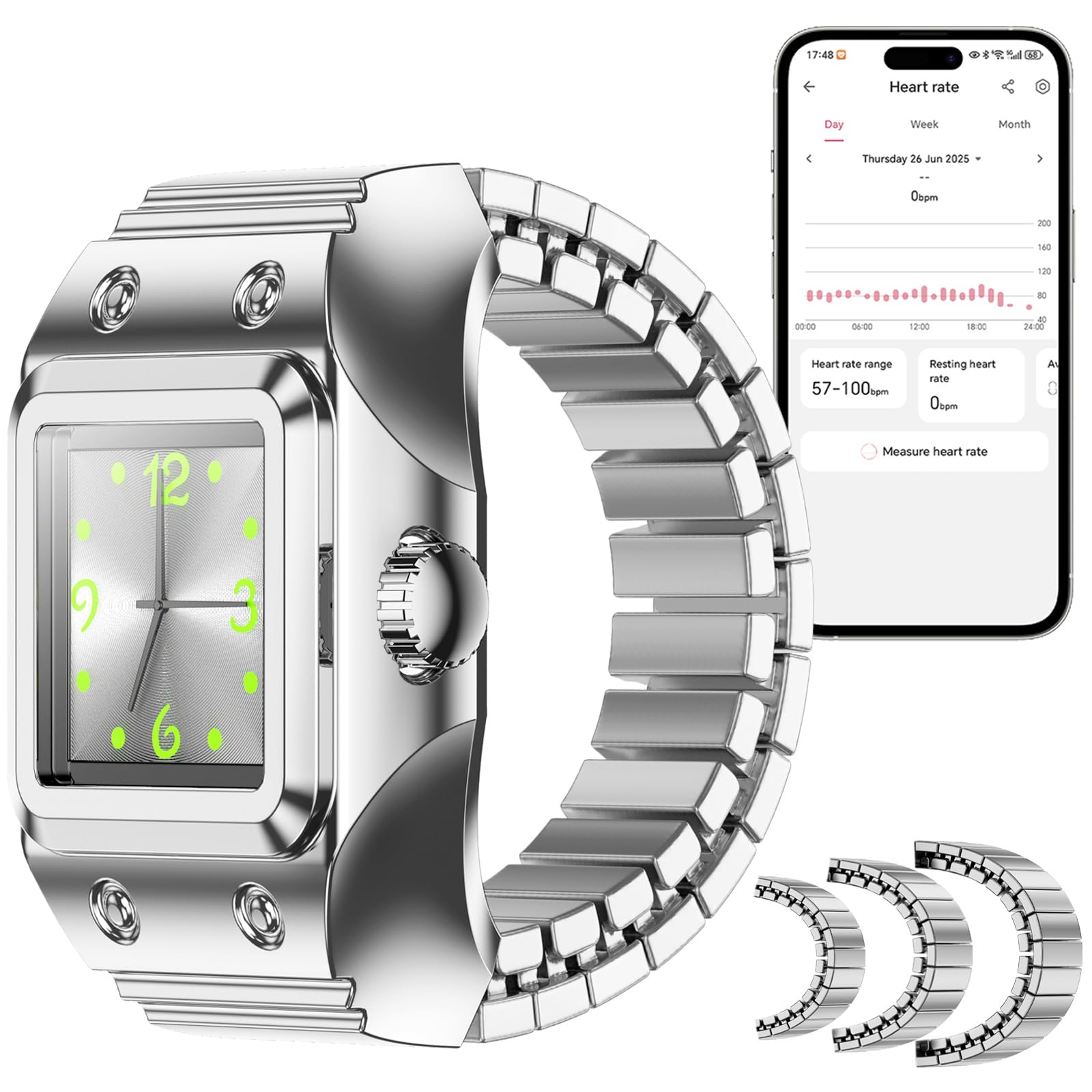 findtime Bague intelligente pour homme et femme - Analogique - À quartz - Carré - Podomètre - Moniteur de sommeil - Bracelet en métal extensible - Lumineux