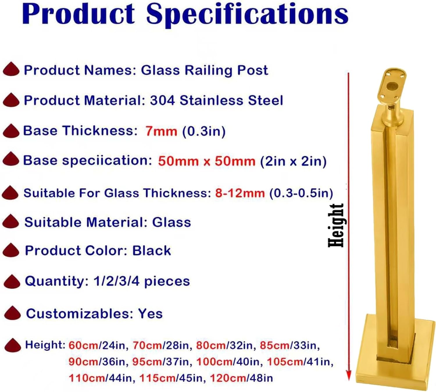 Square Stair Baluster Posts - Side Mount Indoor Staircase Railing Column, 70cm Metal Balustrade Kits, Durable & Stylish Stair Railing Solution for Home Safety