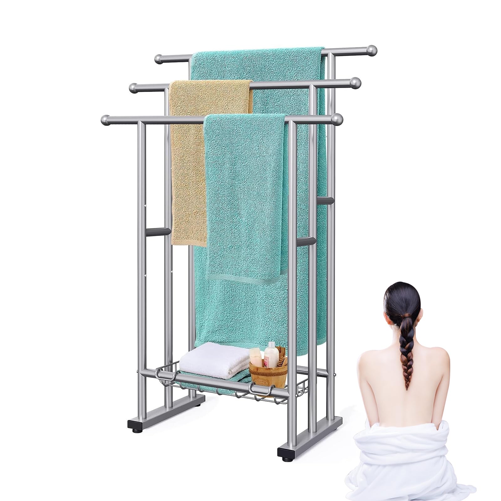 Porte-serviettes métallique à 3 bras avec étagère basse pour le linge de bain