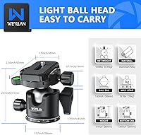 Vista 2 de WEYLLAN Cabeza de bola de perfil bajo – Soporte de cámara panorámica de metal de 1.417 in con placa de liberación rápida Arca de 1/4 '' para trípode