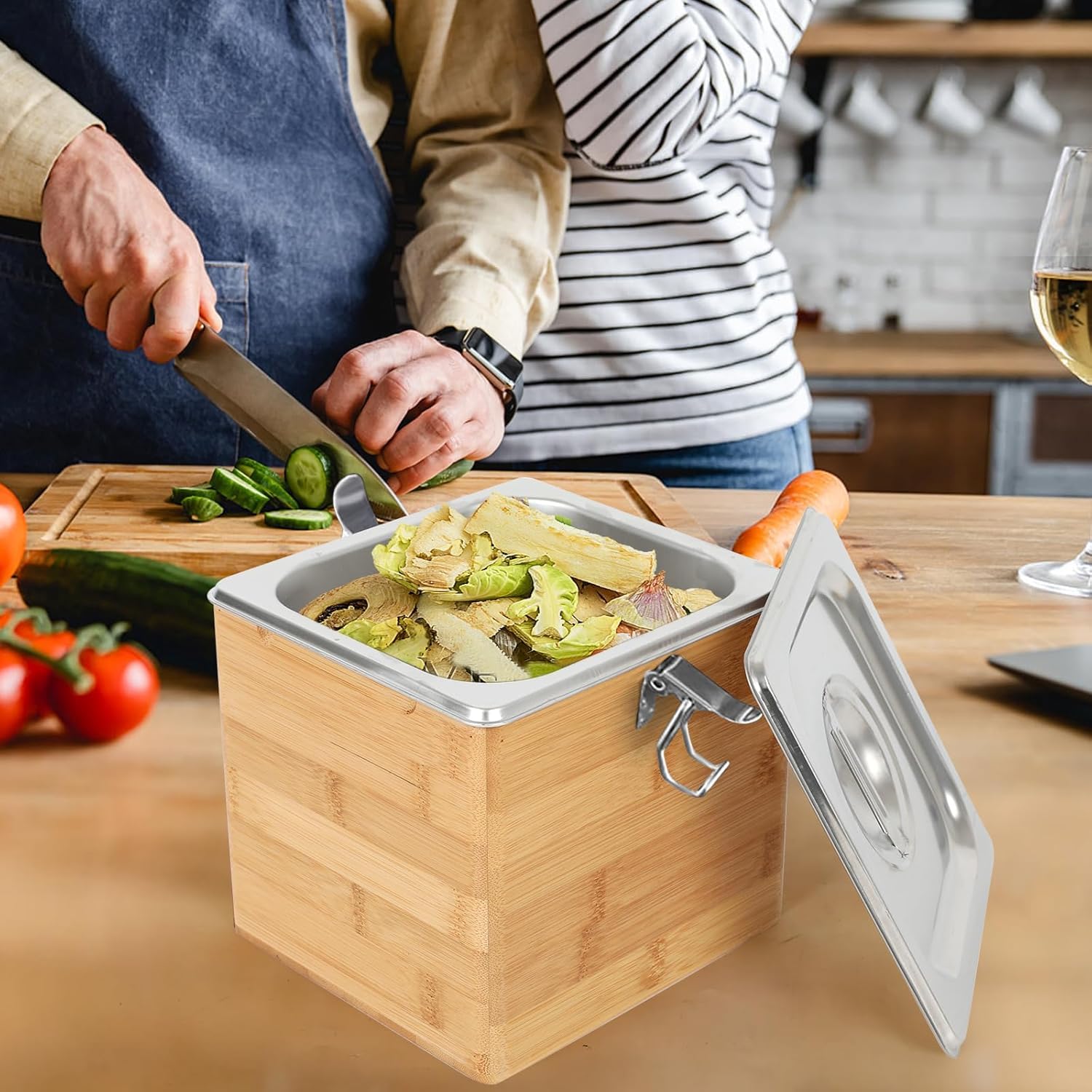 Biomülleimer Küche Bambus aus Holz & Edelstahl, 4,5L Komposteimer für Küche mit Deckel, Herausnehmbarer Einsatz Biomüll Behälter für Küche Arbeitsplatte, Büro, Spülmaschinenfest (3L)
