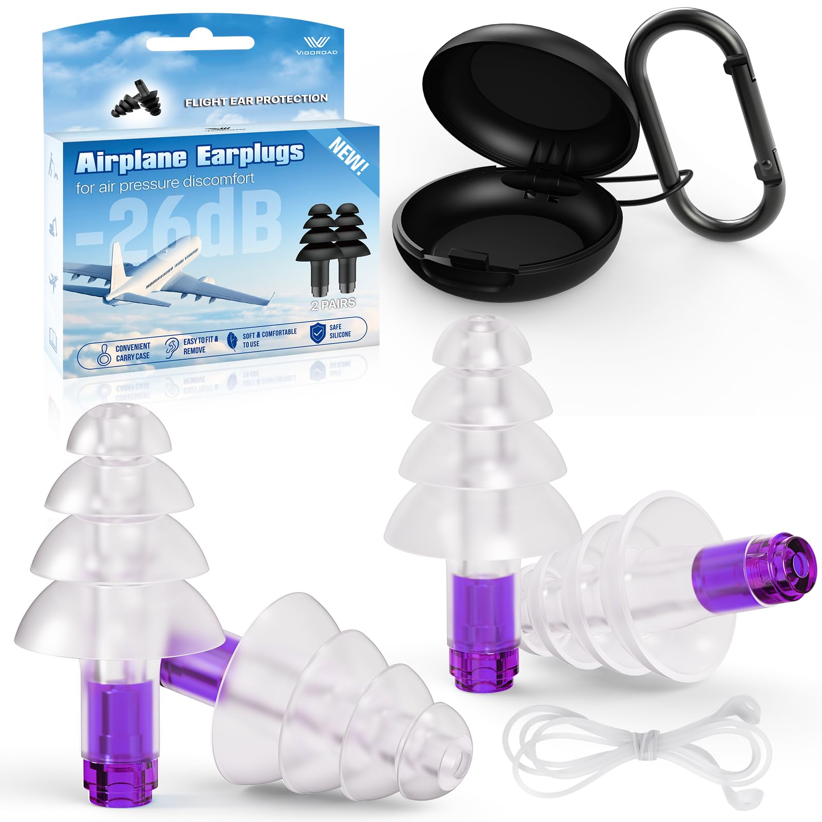 Tapones para los oídos para alivio de la presión del oído en avión, 2 pares de tapones de silicona suave reutilizables para los oídos de avión de 26 dB, con cable conector de silicona, esenciales de