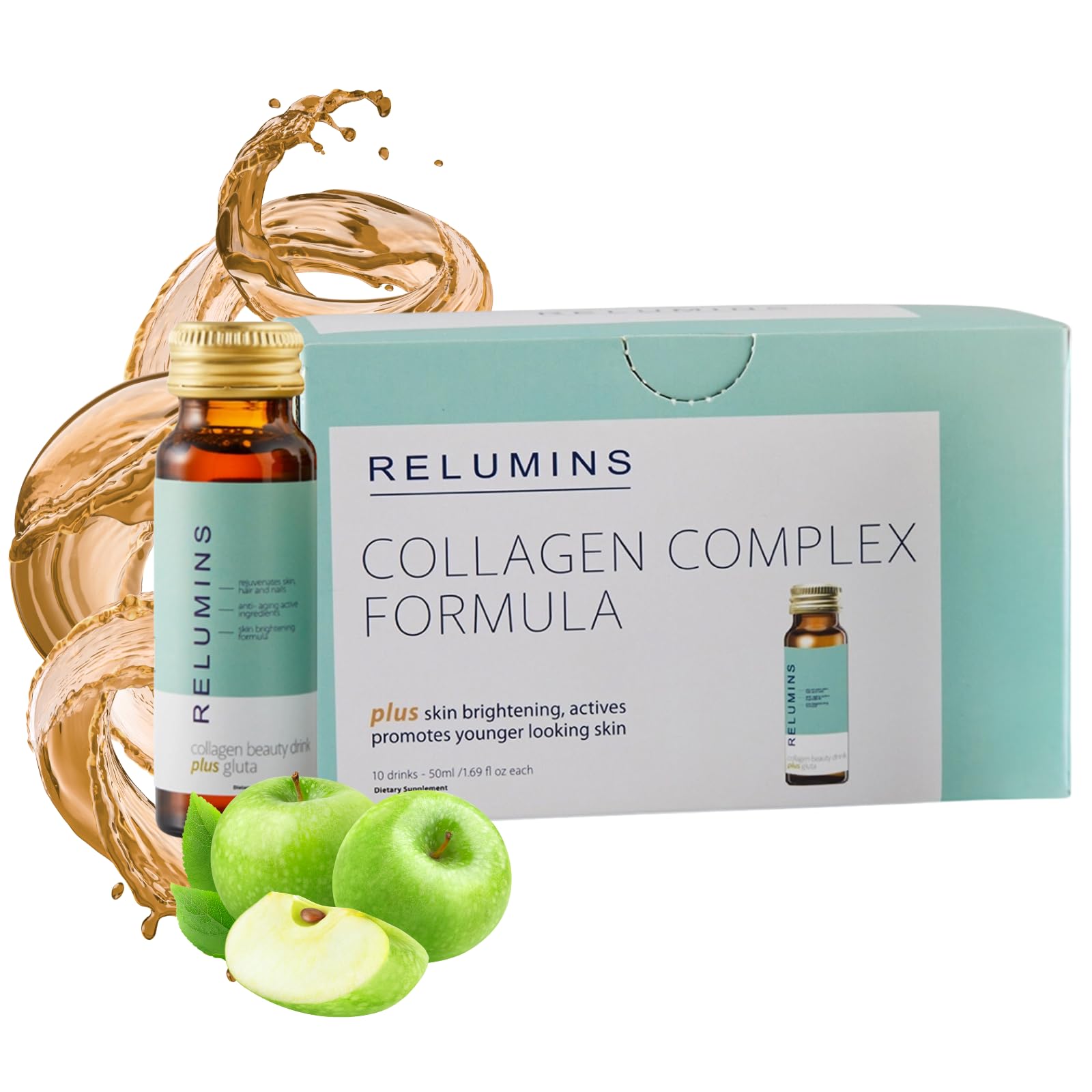 ReluminsAdvance Rejuvenating Collagen Drink, Glutathione Beauty Drink with Green Tea Extract and Vitamin C, Apple Flavor